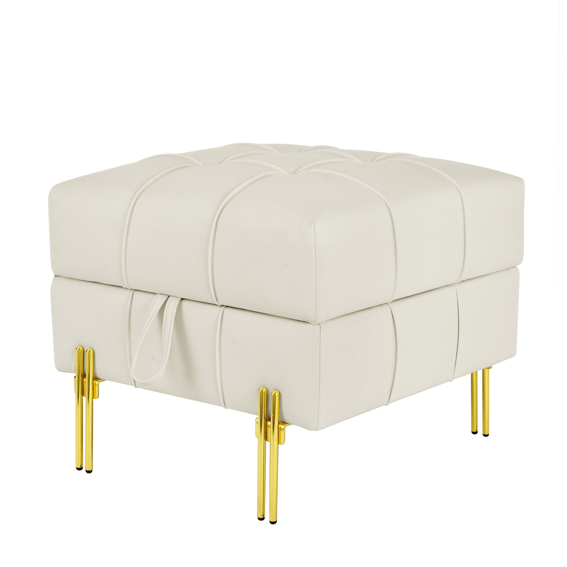Tufted cream faux leather ottoman with elegant gold legs and a convenient storage compartment