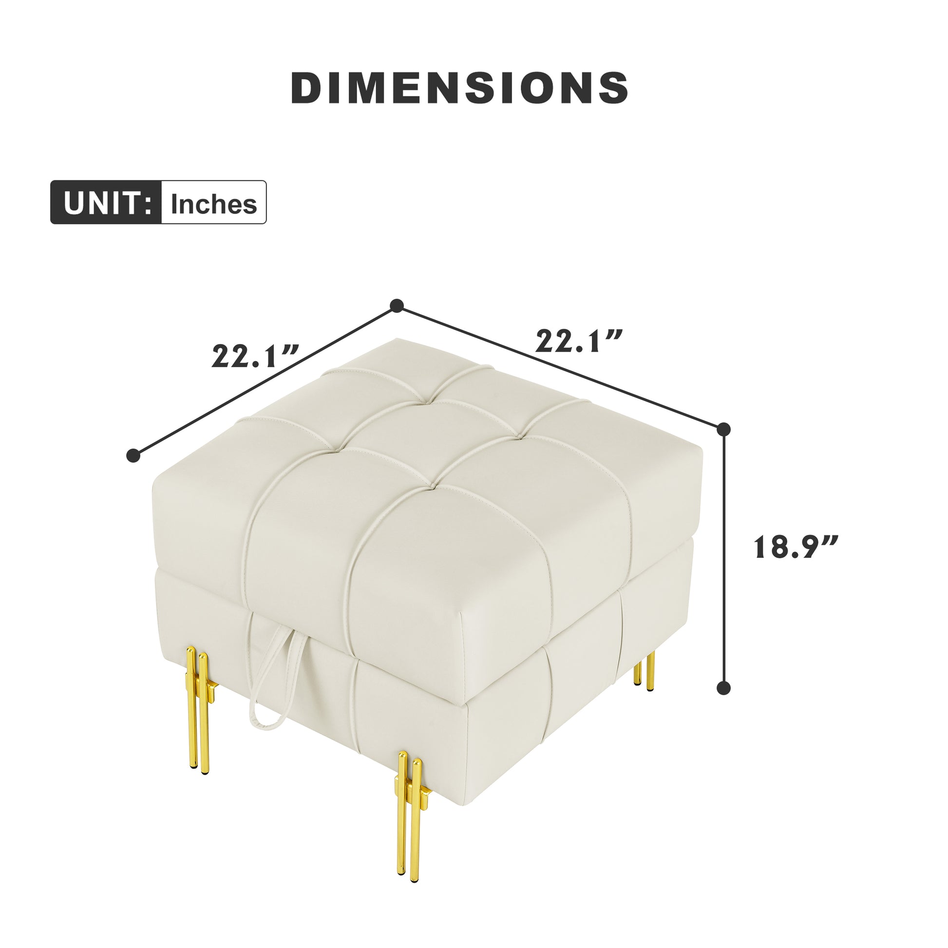 Tufted cream ottoman with gold legs  x  x  dimensions
