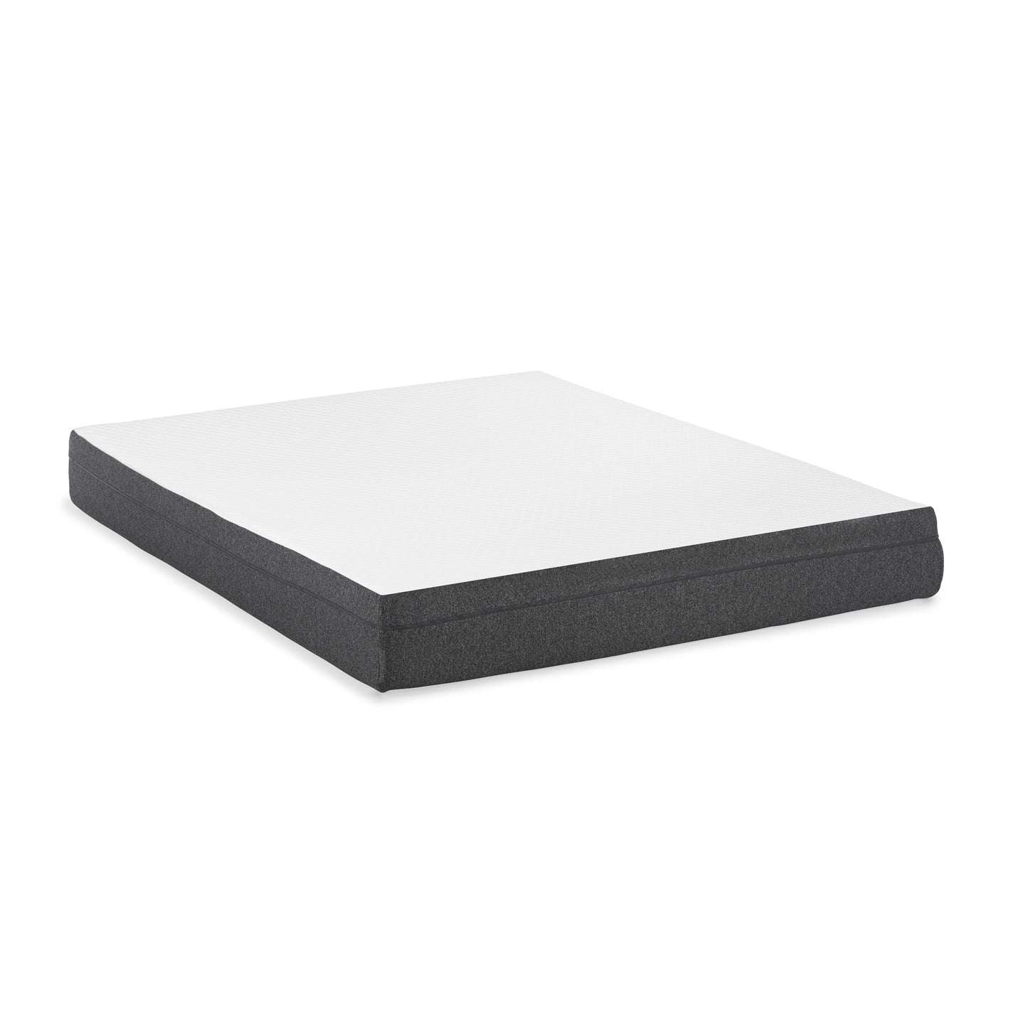 A queensize mattress with a white quilted top and dark grey sides on a white background