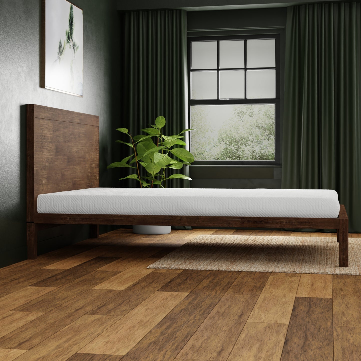 Modern minimalist wooden bed frame with a white mattress perfect for a serene bedroom setup