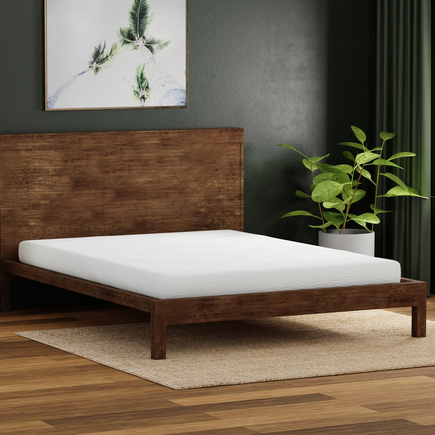White memory foam mattress on a dark wood platform bed frame