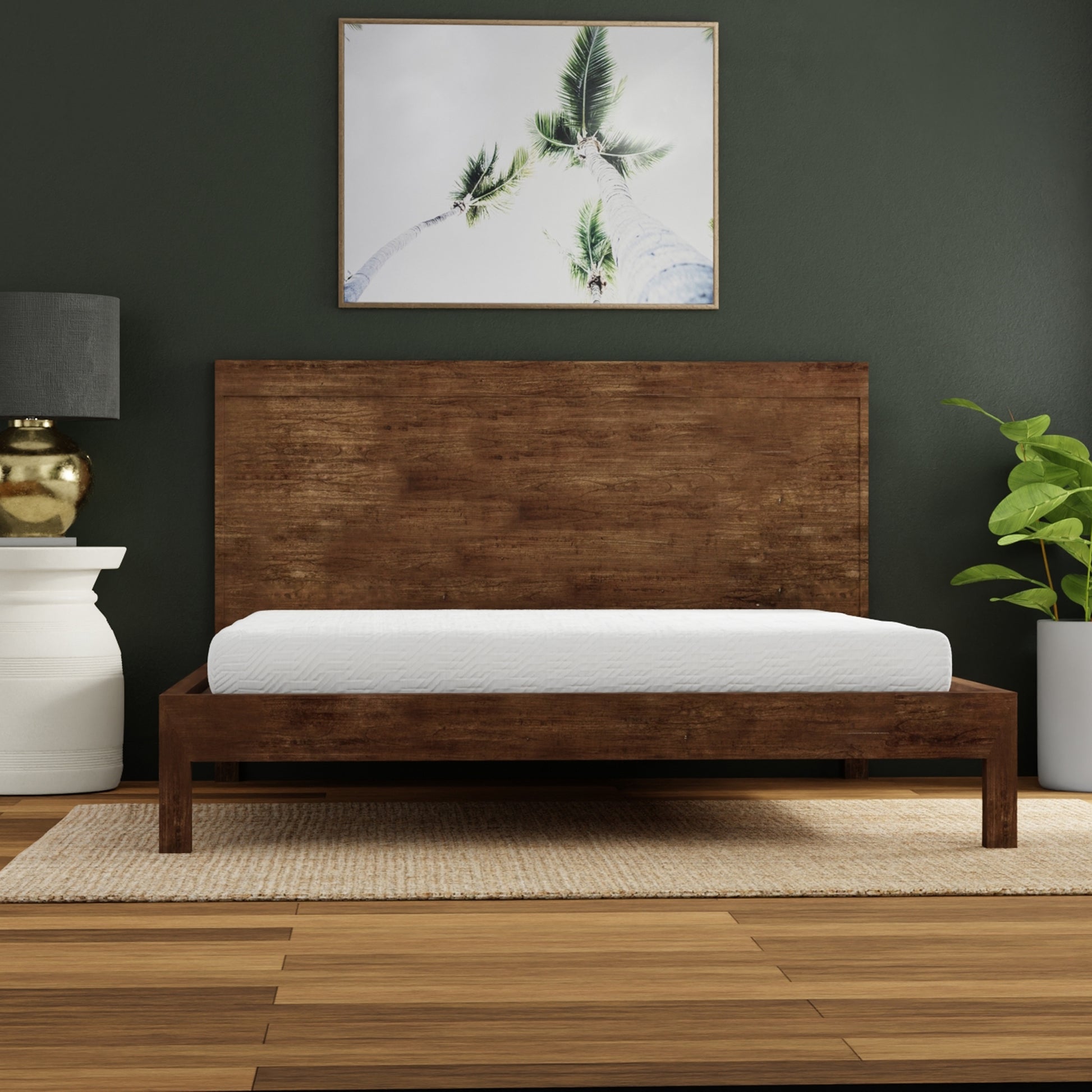 Rustic wood platform bed frame with white mattress and a textured headboard