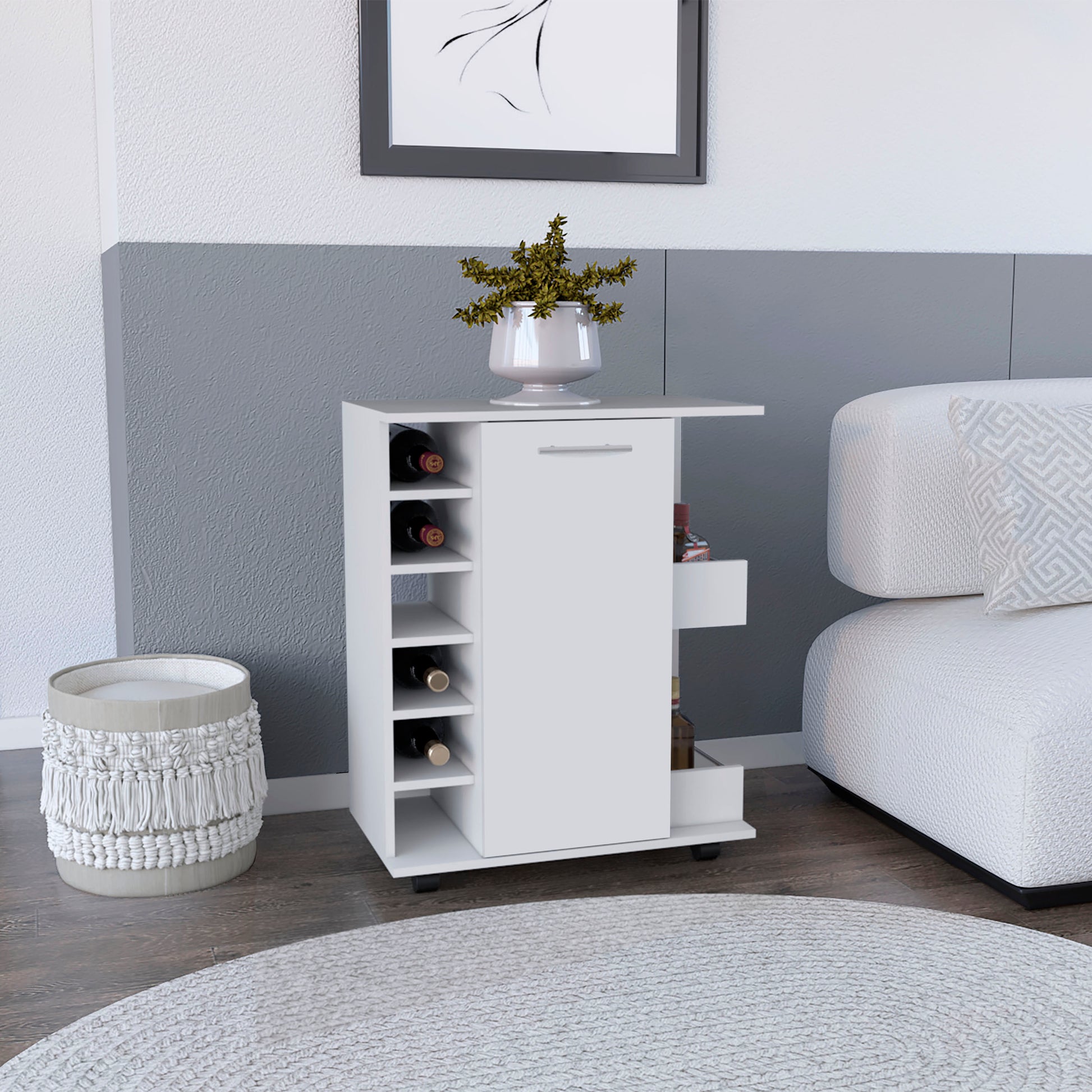 White modern bar cart with wine rack and storage drawers