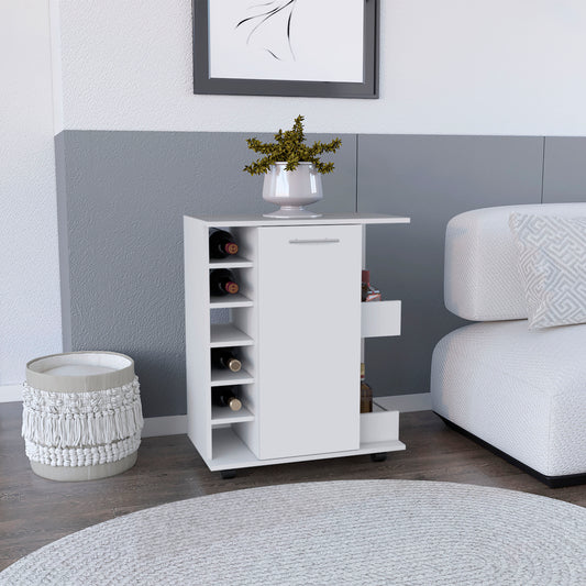 White modern bar cart with wine rack and storage drawers