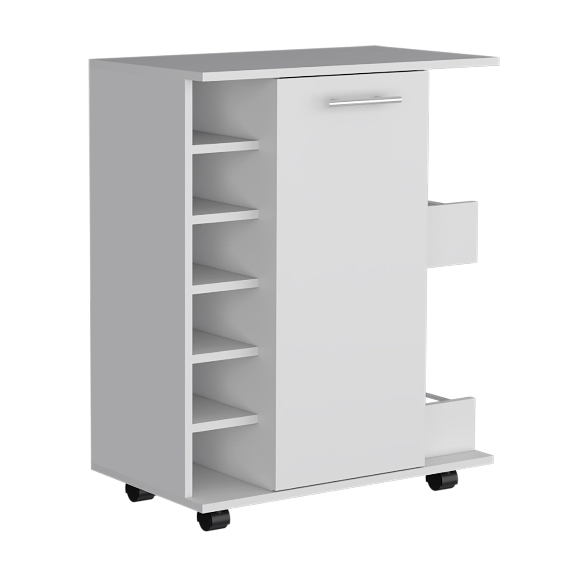 White kitchen cart with pullout drawer and side shelves
