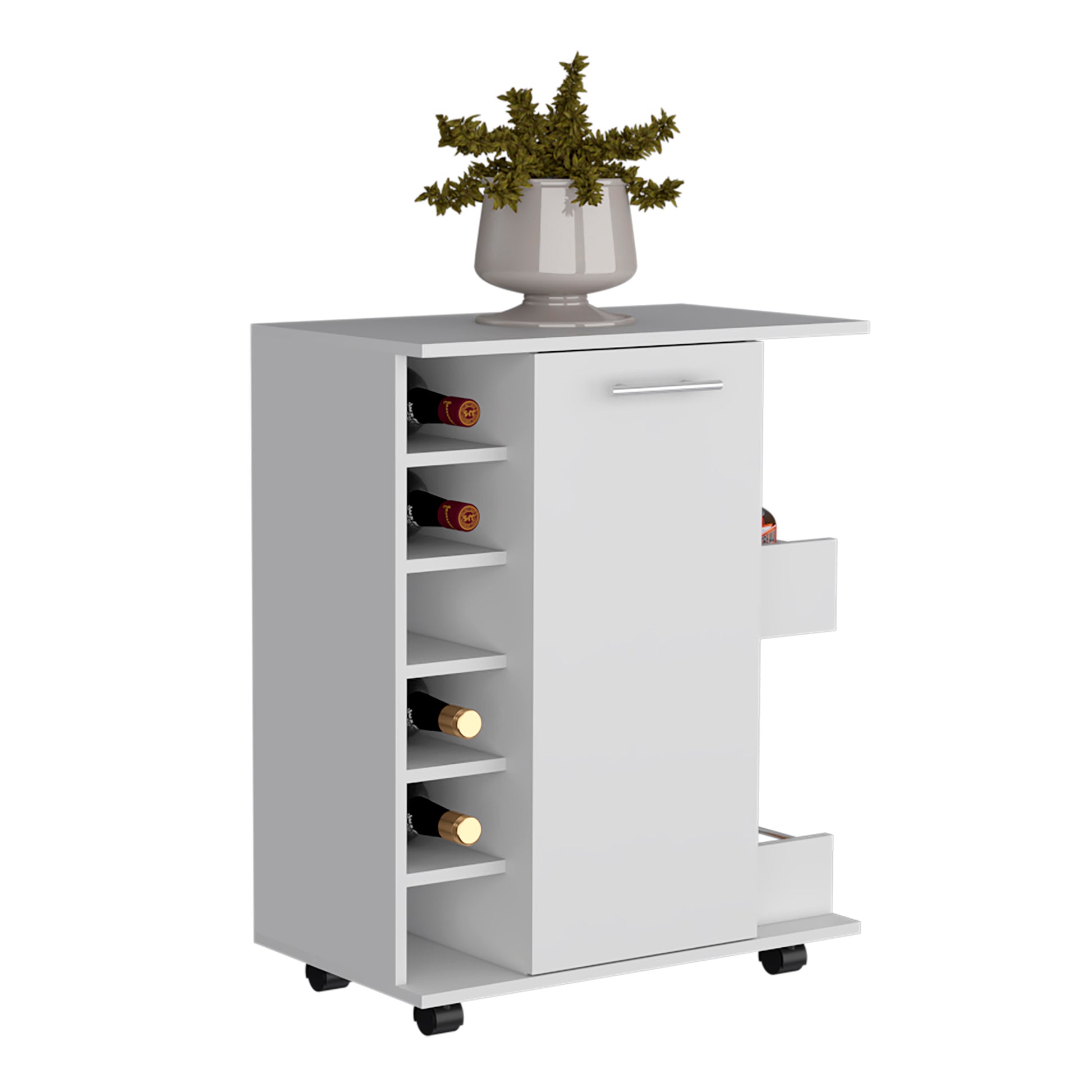 White kitchen cart with wine rack and drawer