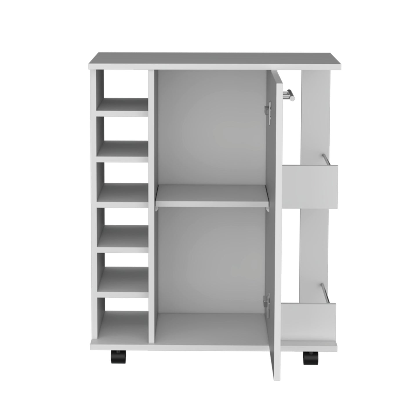 White mobile storage cart with open shelves and a cabinet door