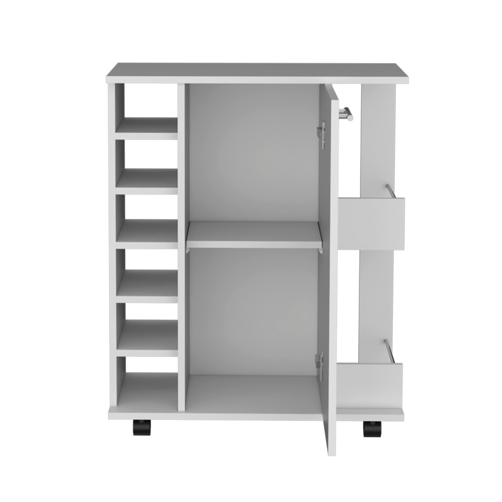 White mobile storage cart with open shelves and a cabinet door