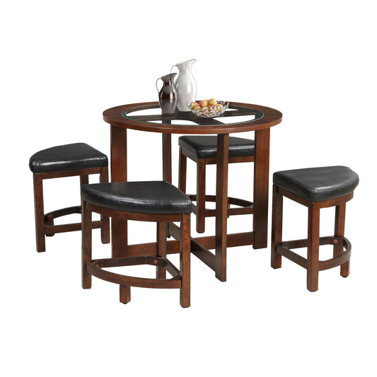 Round wooden counter height table with four black leatherette stools