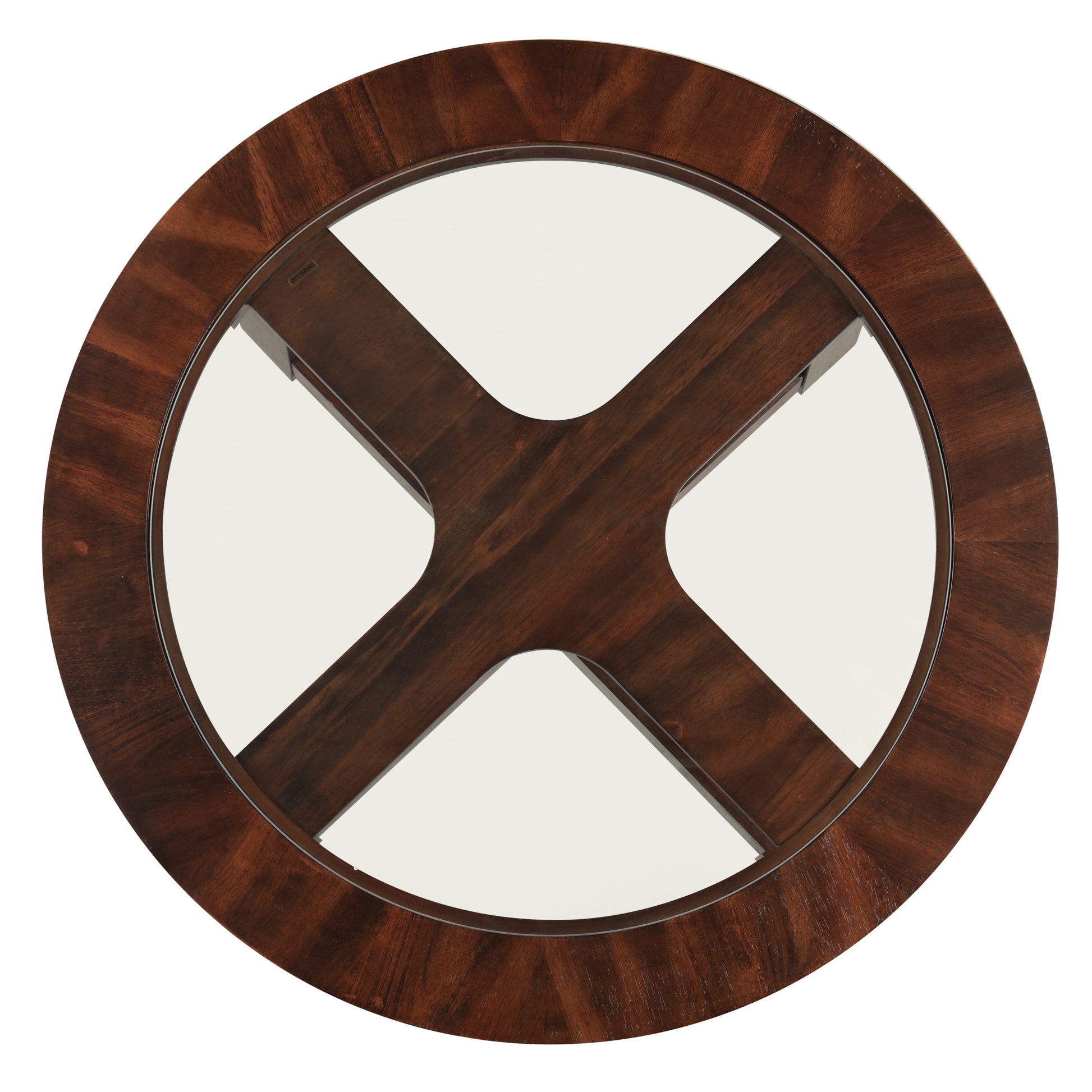 Round wood and glass coffee table with starburst veneer detail