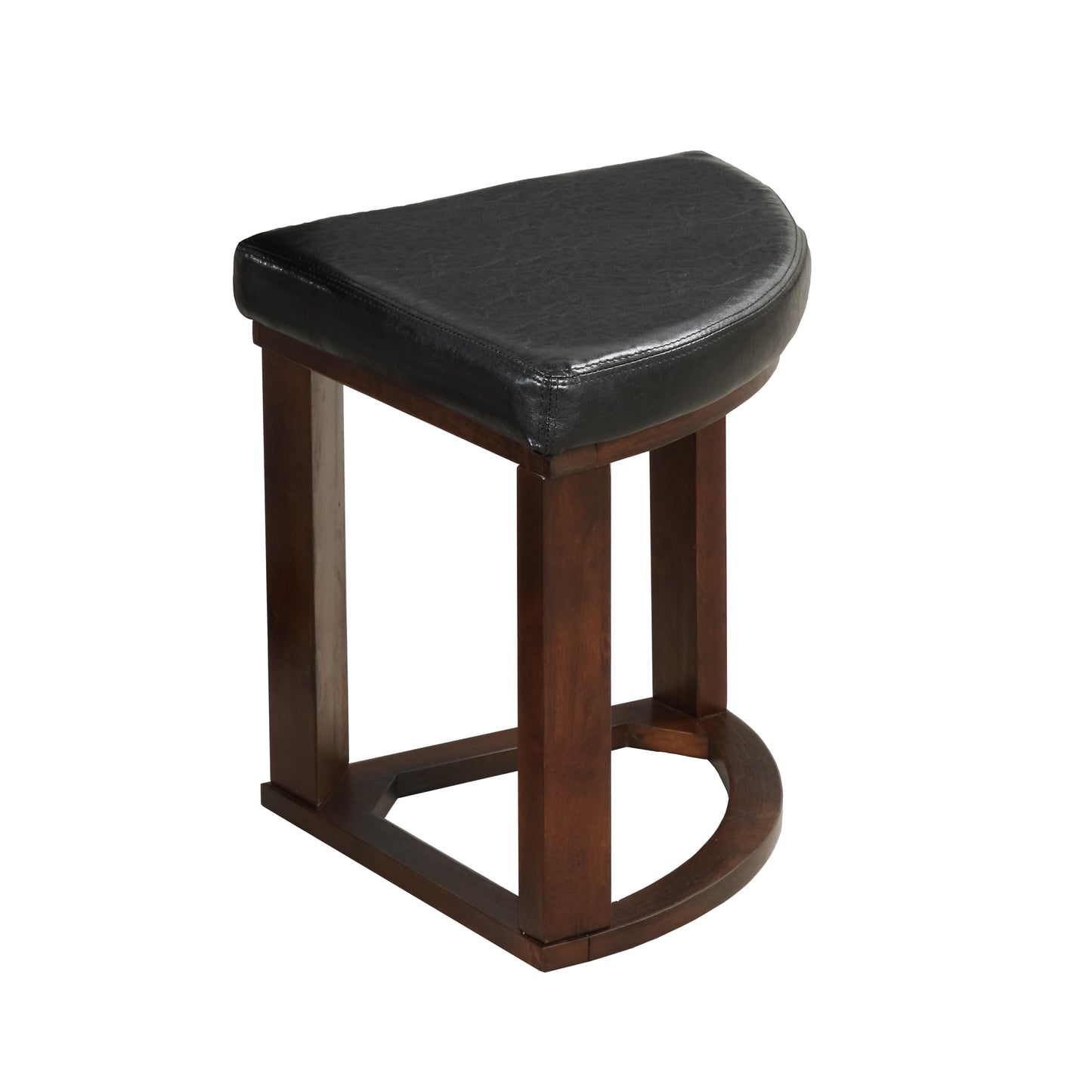 Black leather seat curved counter stool with dark wood frame