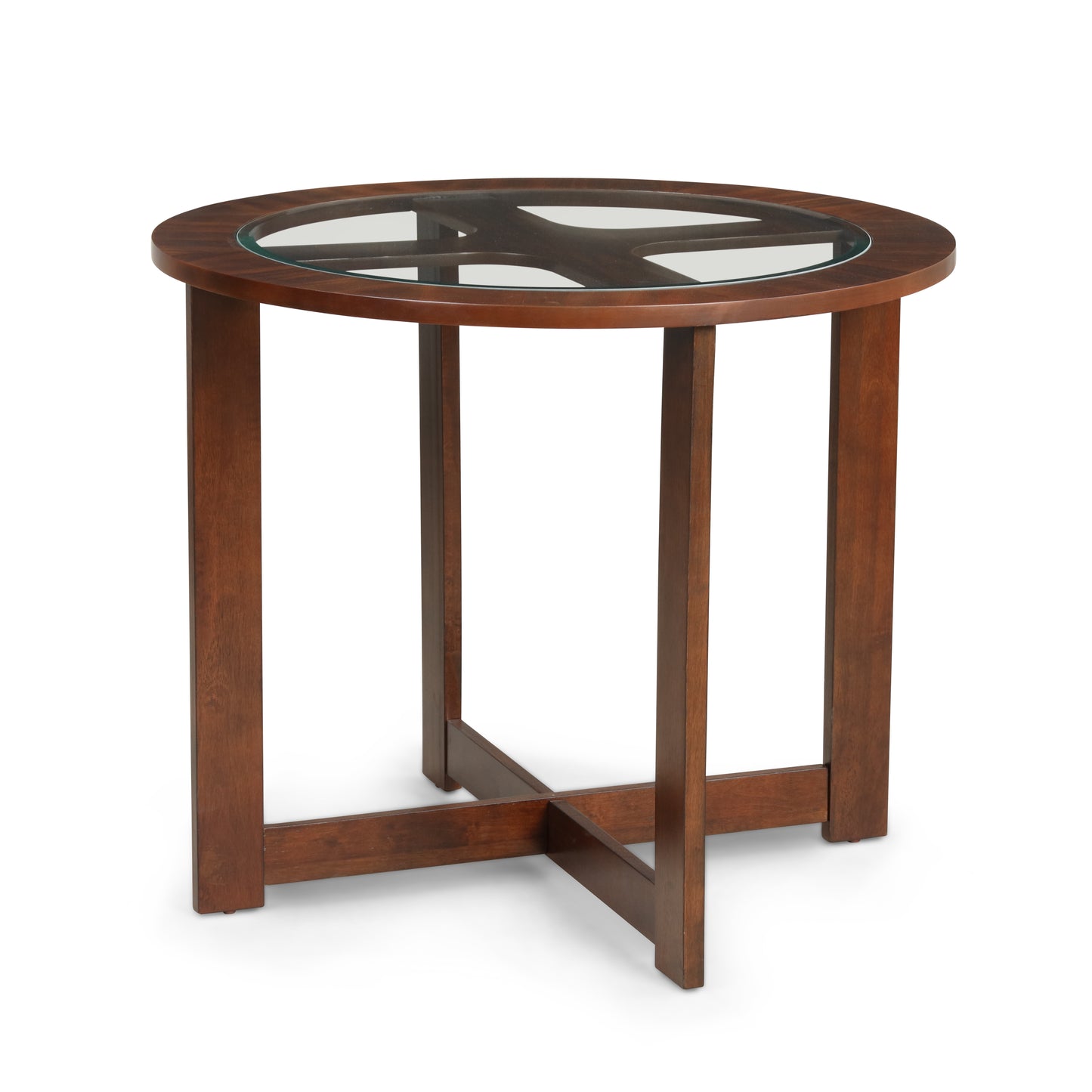 Round wooden end table with a clear glass top and dark cherry finish