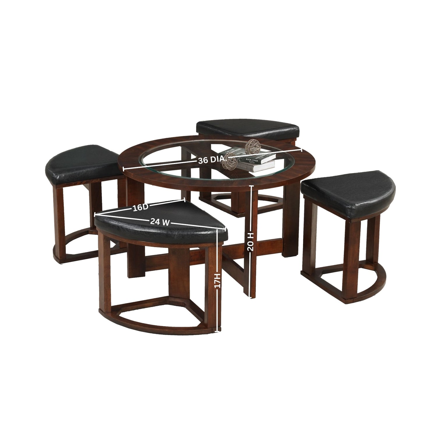 Round glass top coffee table with dark wood finish and four black upholstered stools