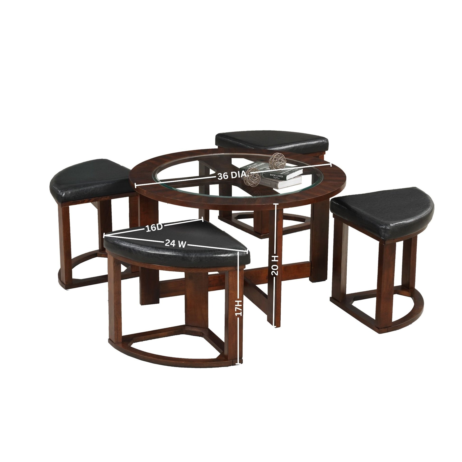 Round glass top coffee table with dark wood finish and four black upholstered stools