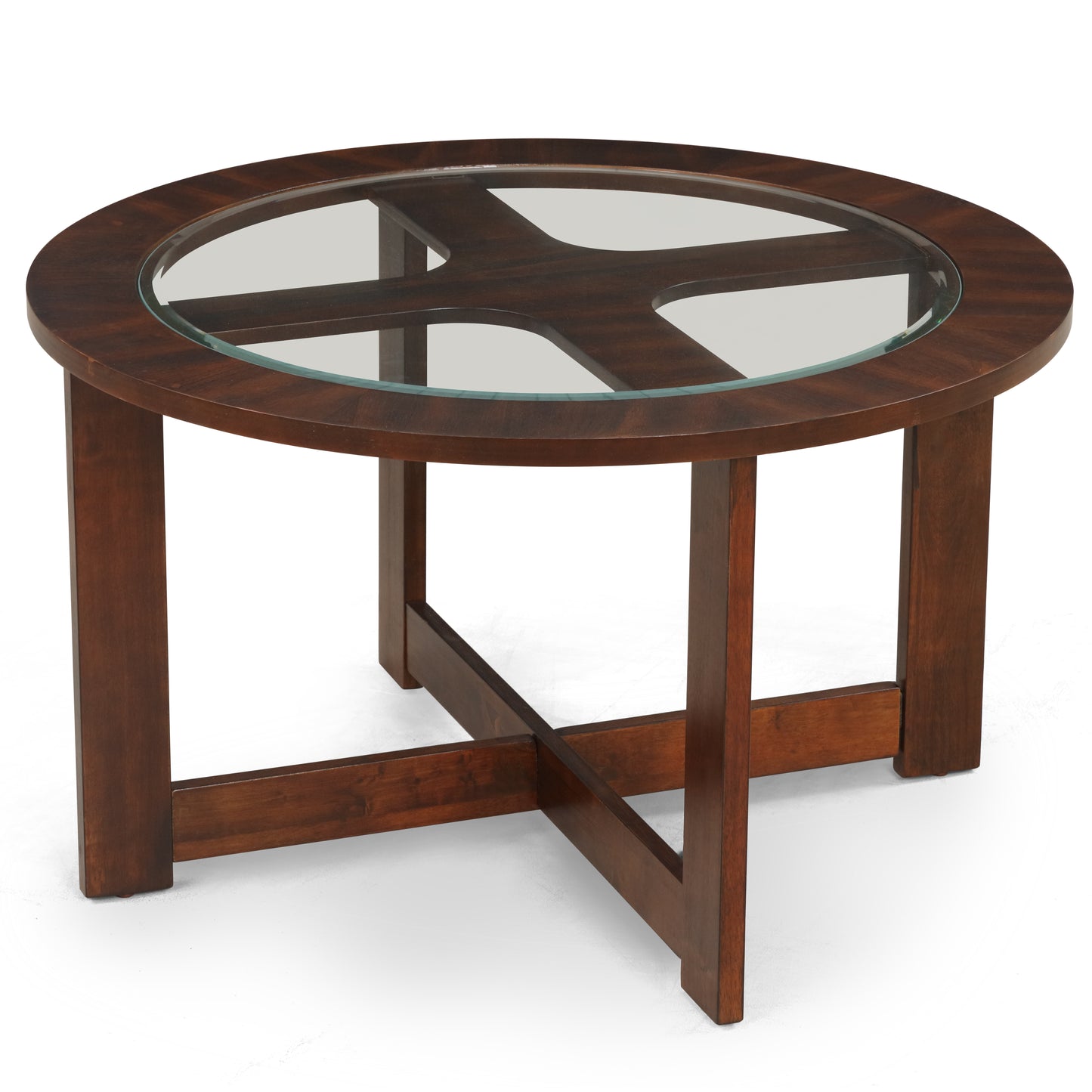 Round dark wood coffee table with glass top and crisscross base