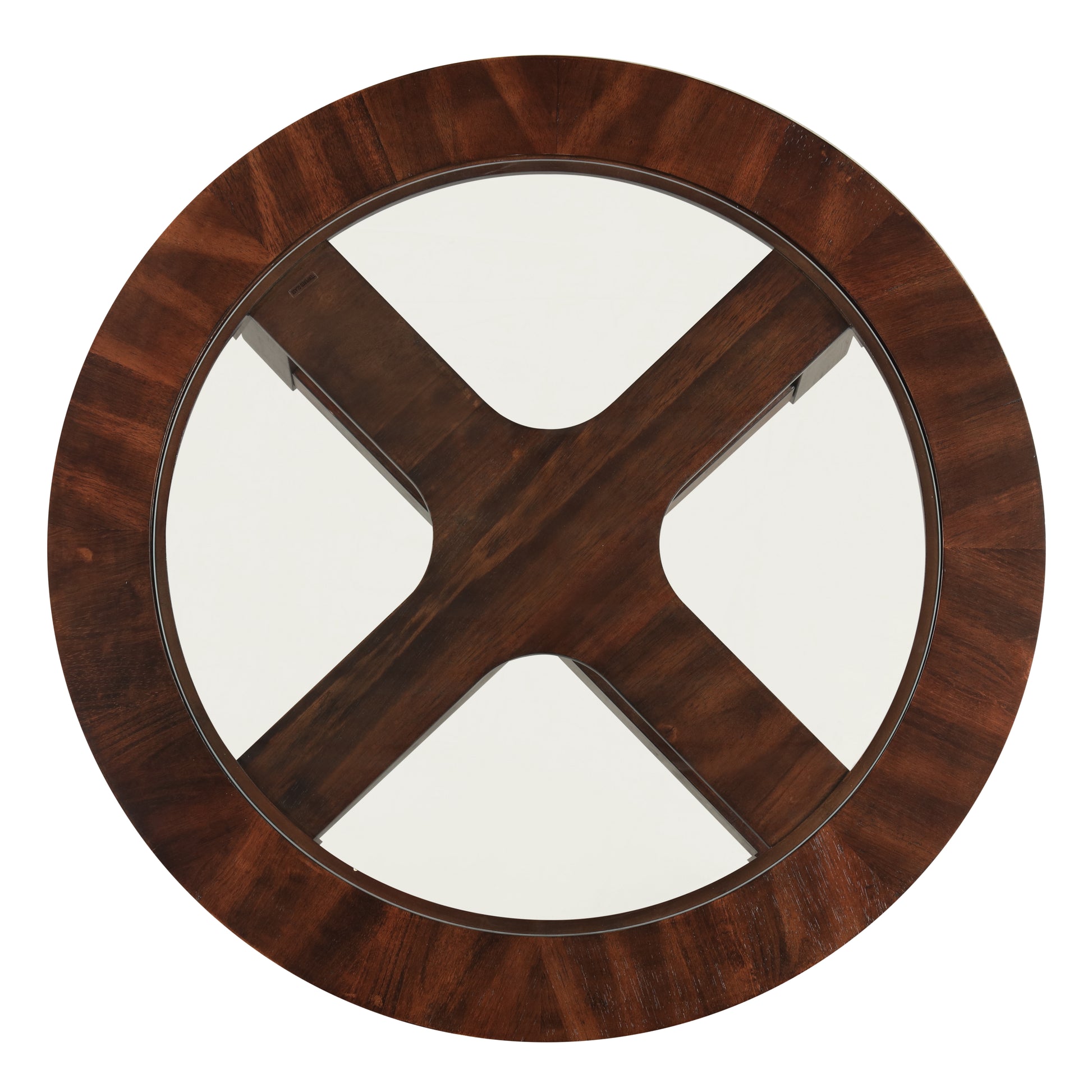 Round glass tabletop with a dark wood base featuring an Xshaped support