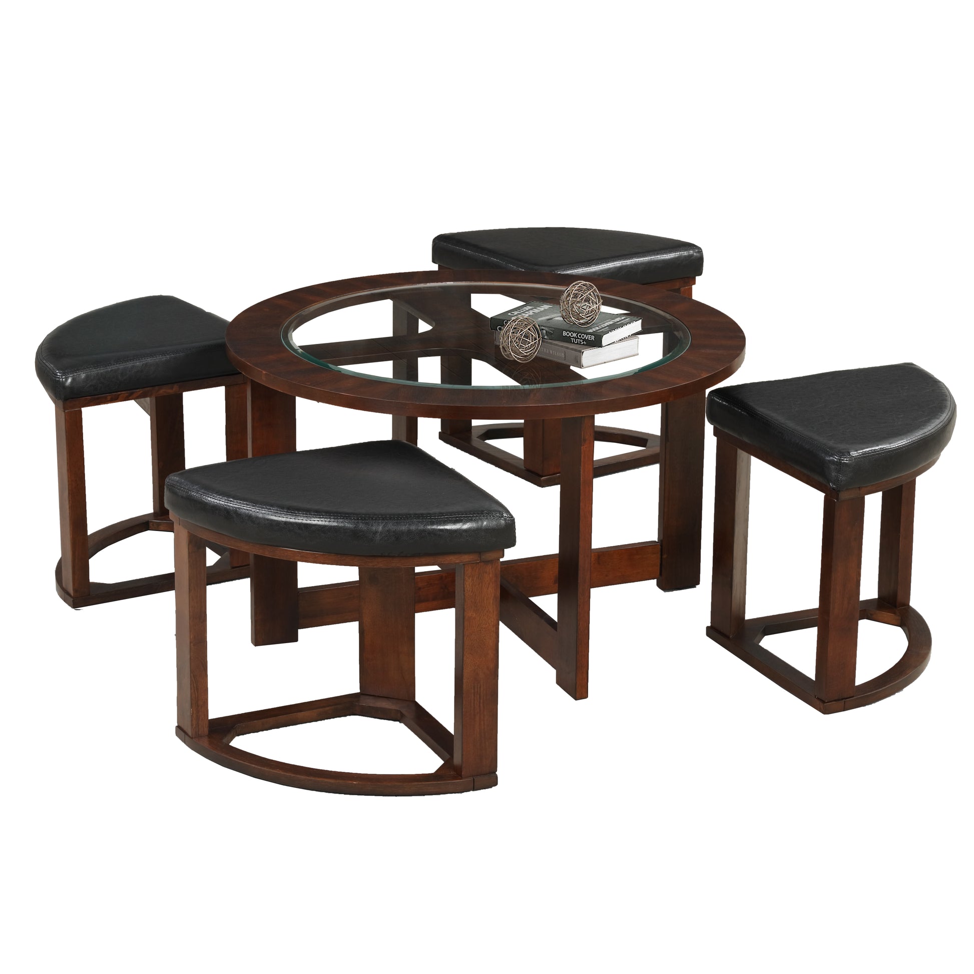 Round wooden coffee table with glass top and four black faux leather stools for casual seating