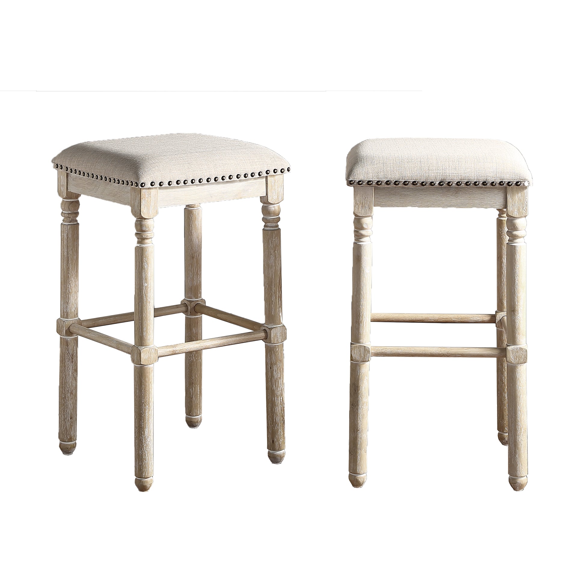 Rustic white washed bar stool with upholstered seat and nailhead trim