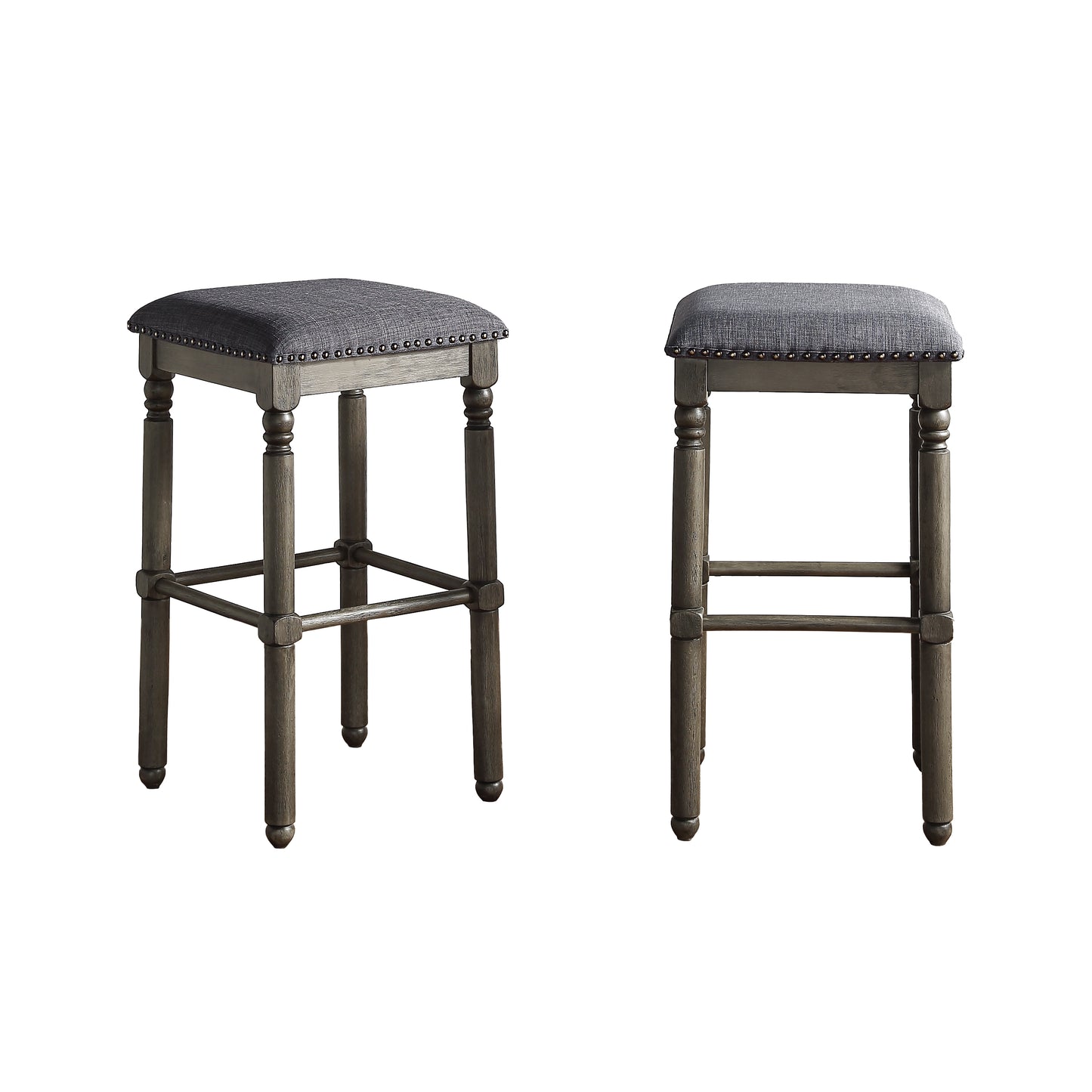 Grey upholstered bar stool with distressed wooden legs and nailhead trim