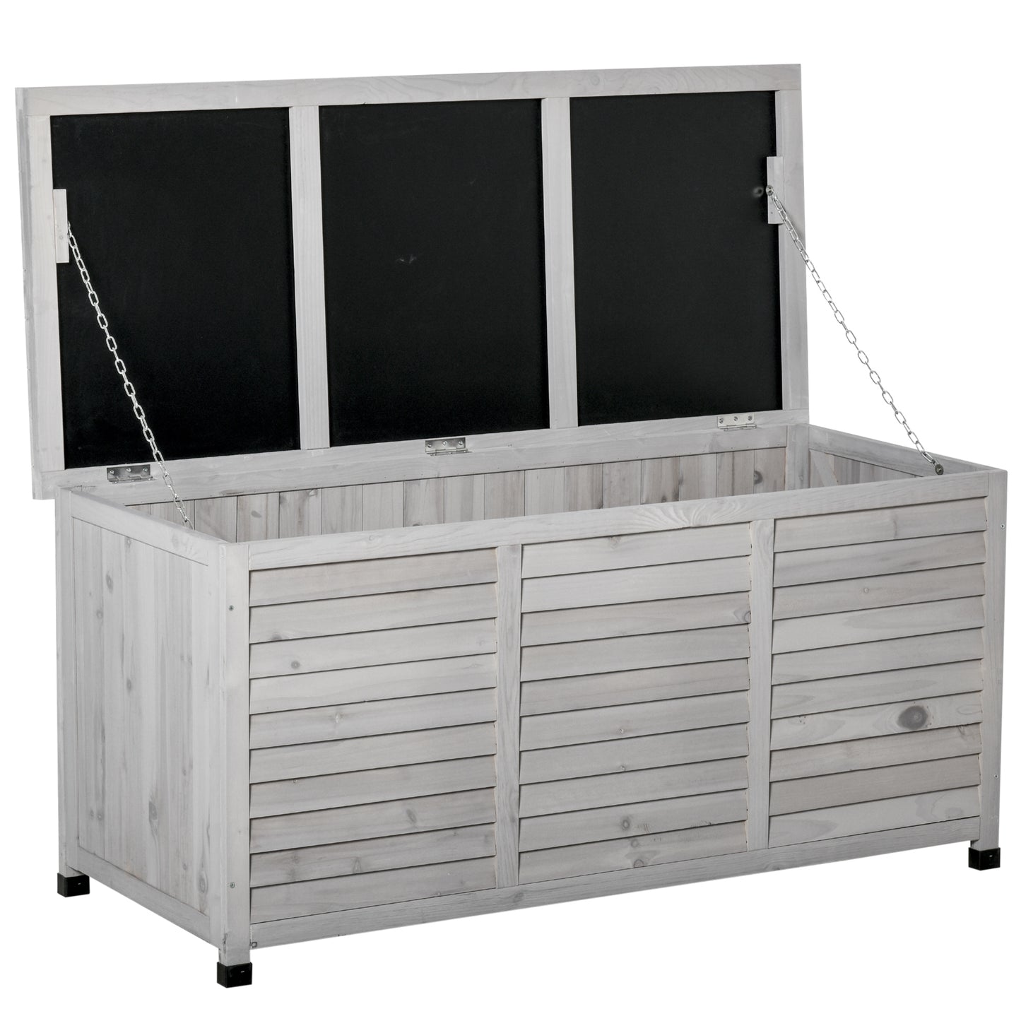 Light gray wooden storage bench with slatted front and hinged lid for outdoor patio use