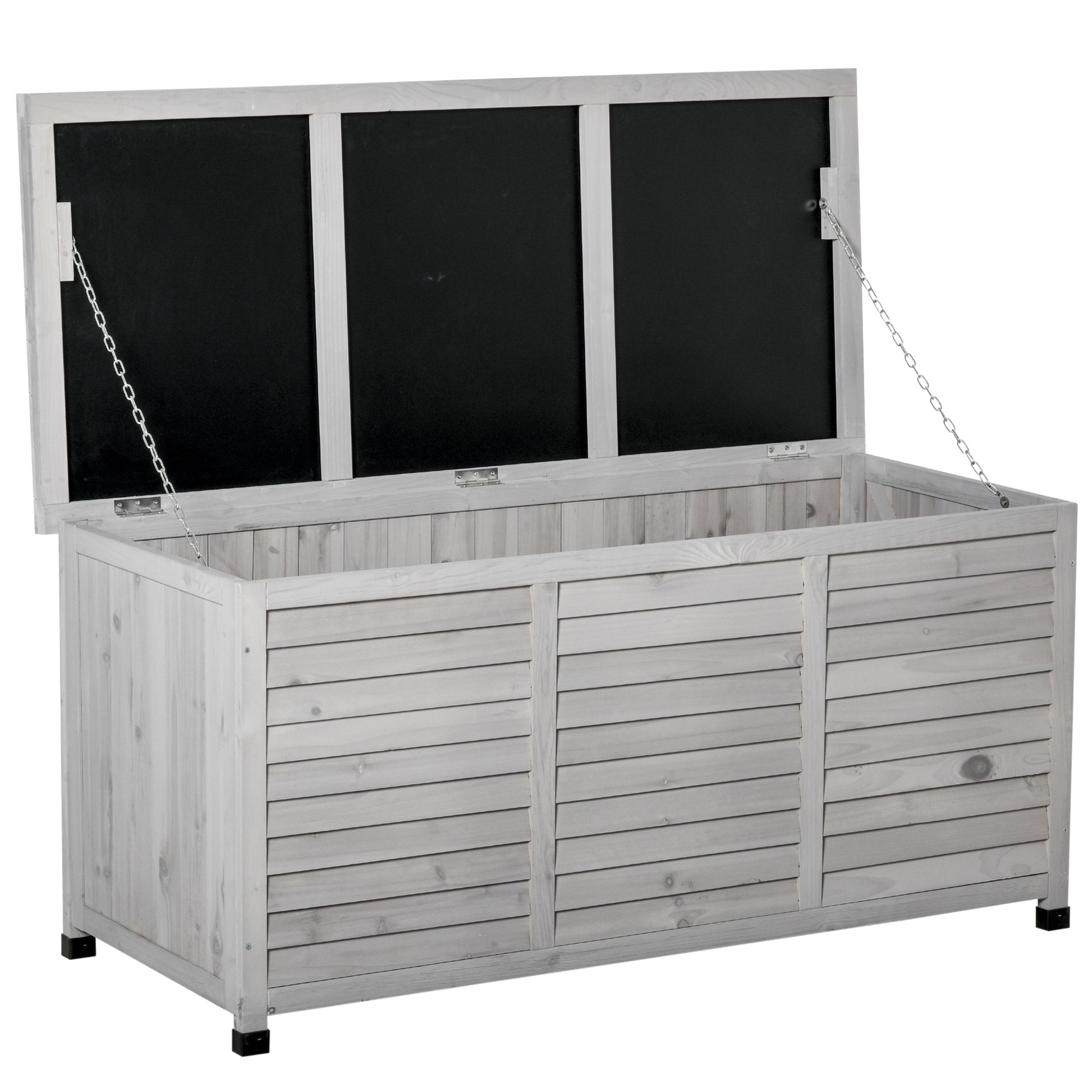Light gray wooden storage bench with slatted front and hinged lid for outdoor patio use
