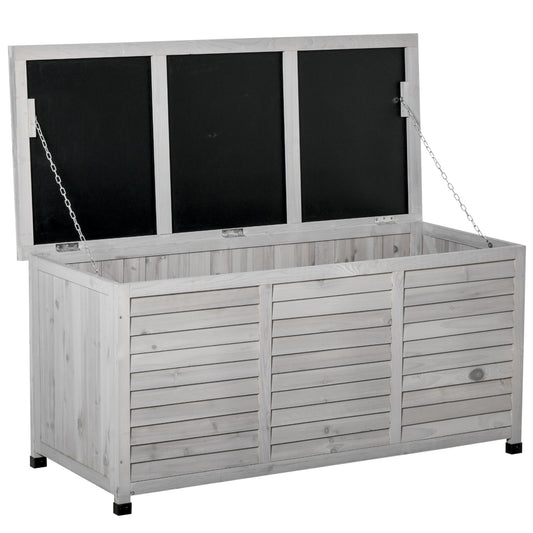 Light gray wooden storage bench with slatted front and hinged lid for outdoor patio use