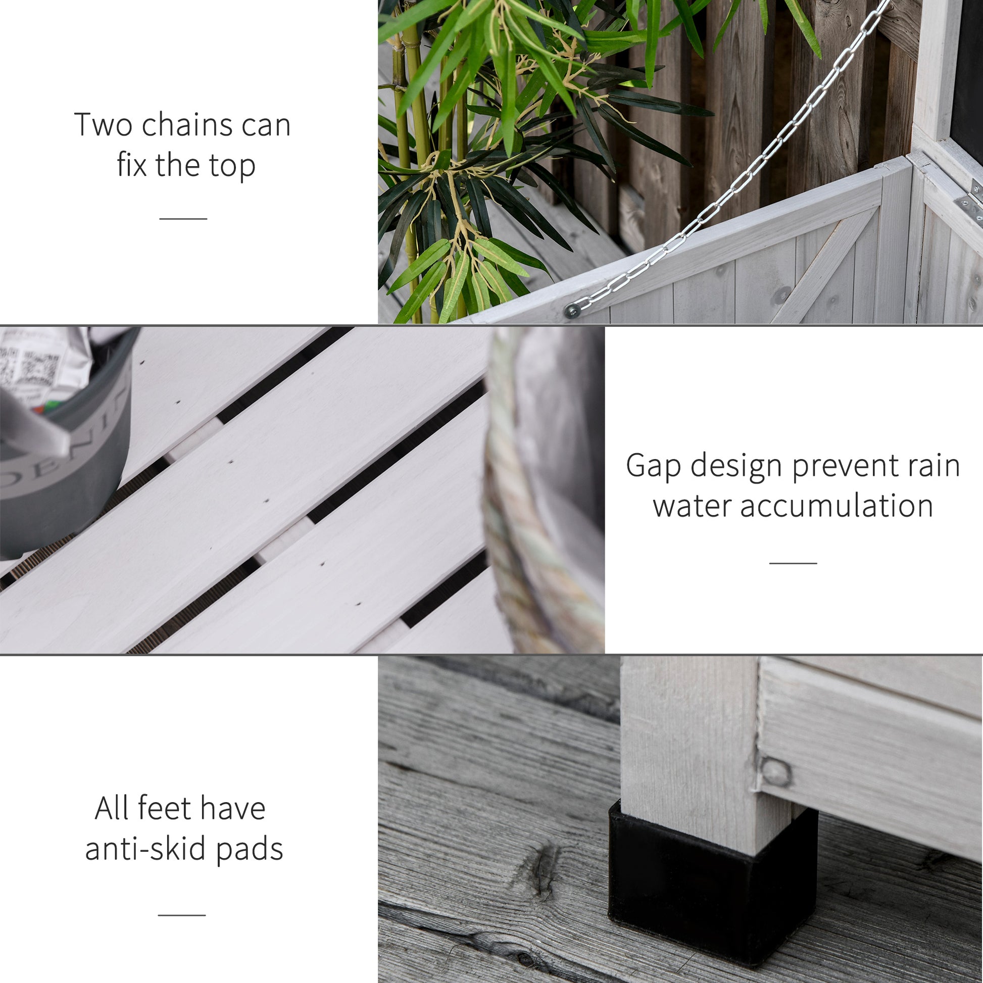 Light gray wooden outdoor storage box with two silver chains securing the lid