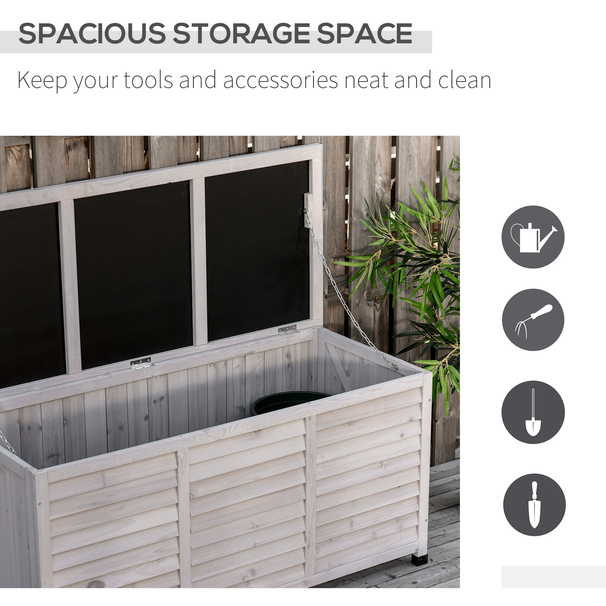 White wooden garden storage bench with louvered panels and open lid revealing interior space