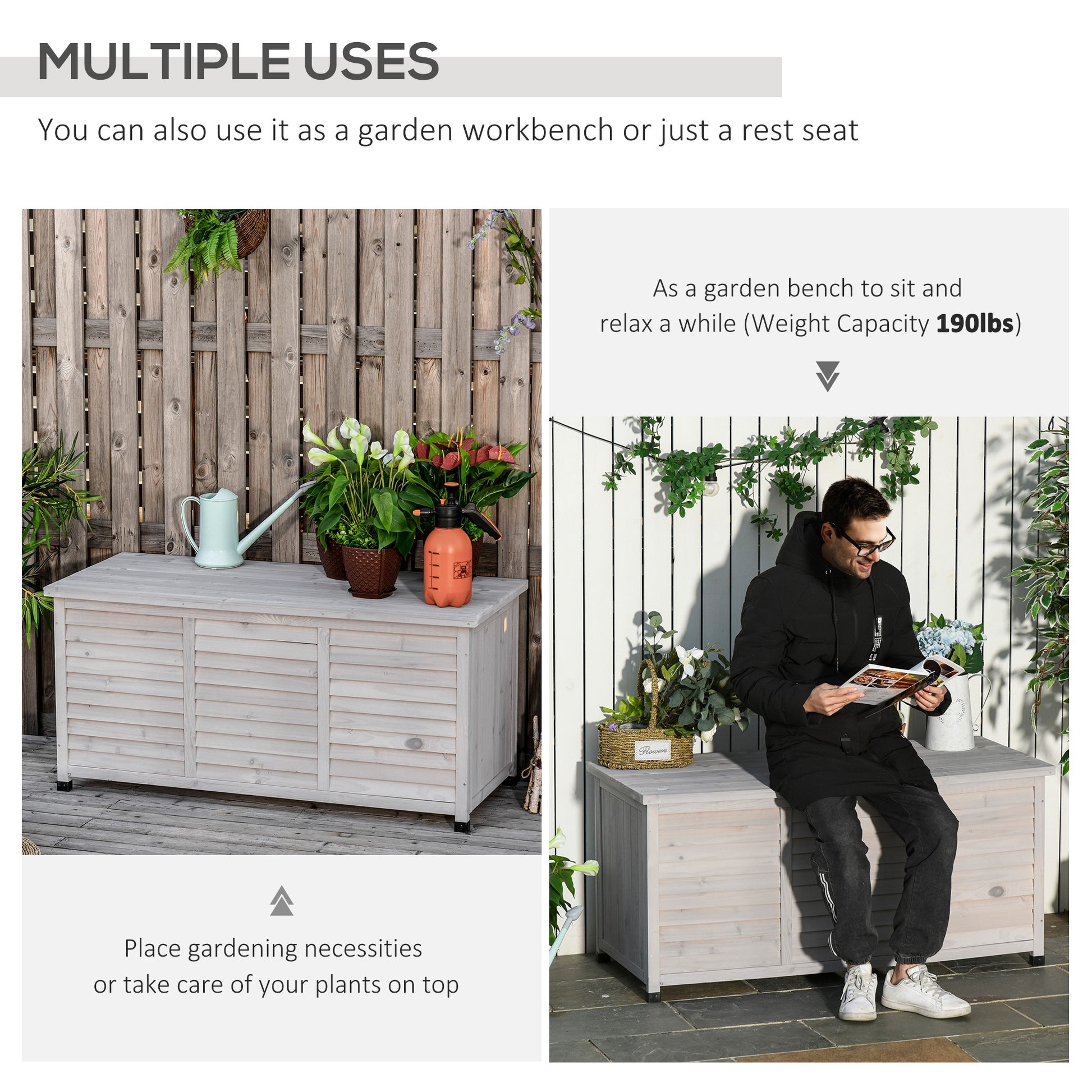 Light grey wooden storage bench with louvered doors for garden use