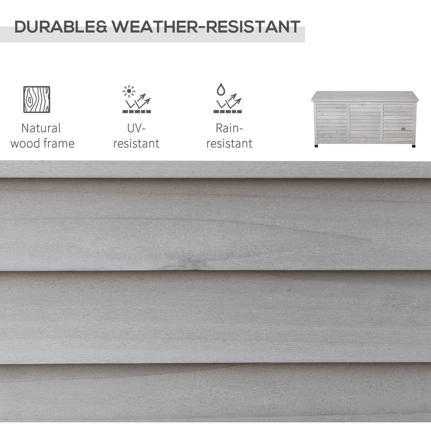 Light grey slatted outdoor storage bench with natural wood frame