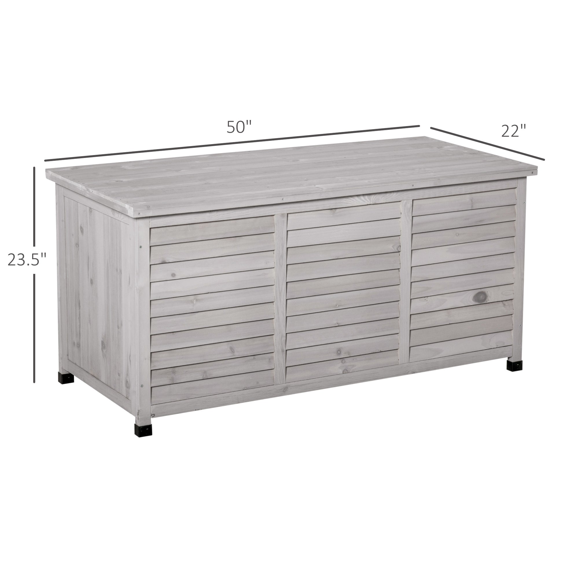 Gray wooden outdoor storage chest with slatted doors and lid  W