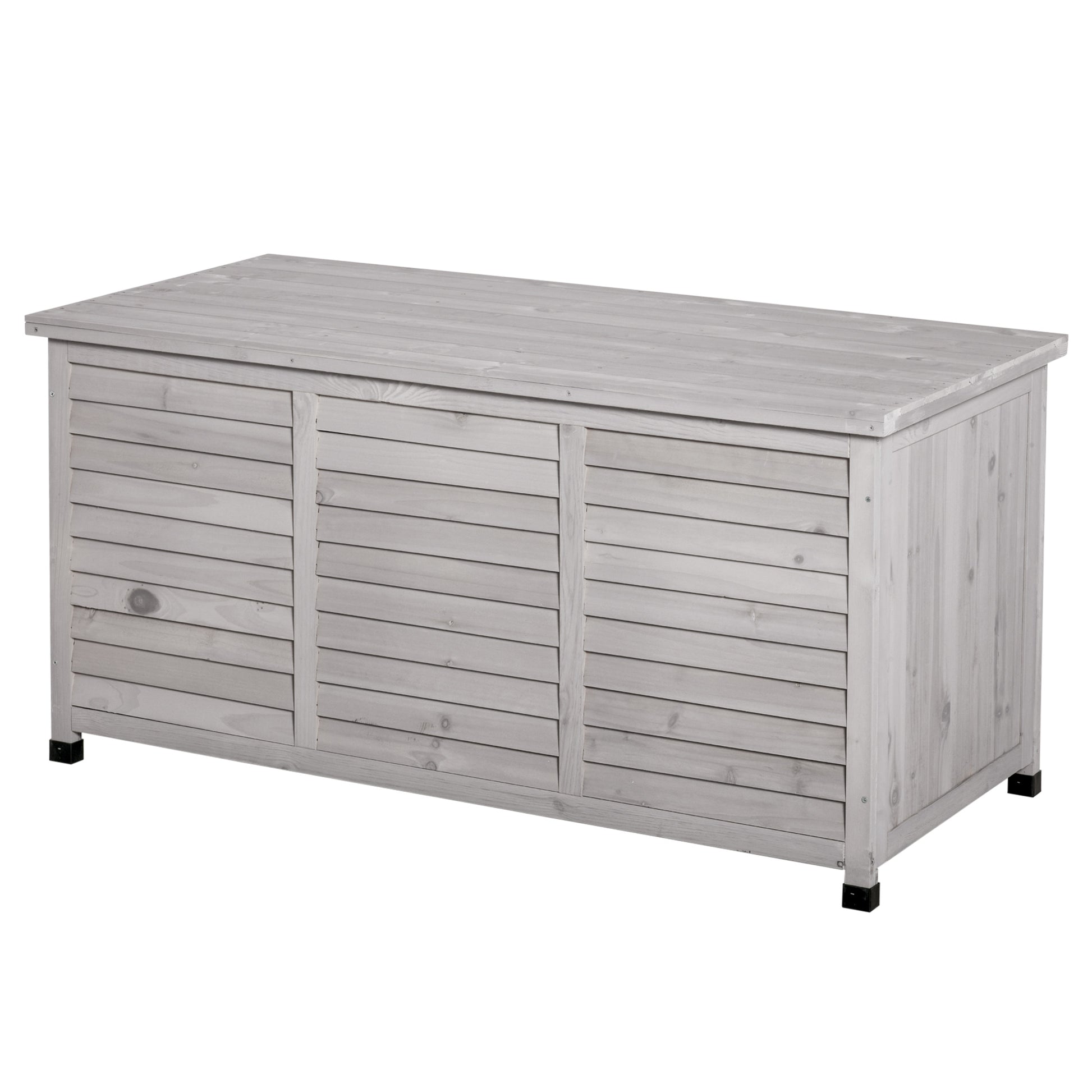 Weathered gray wooden outdoor storage bench with slatted front panels and a lifttop lid