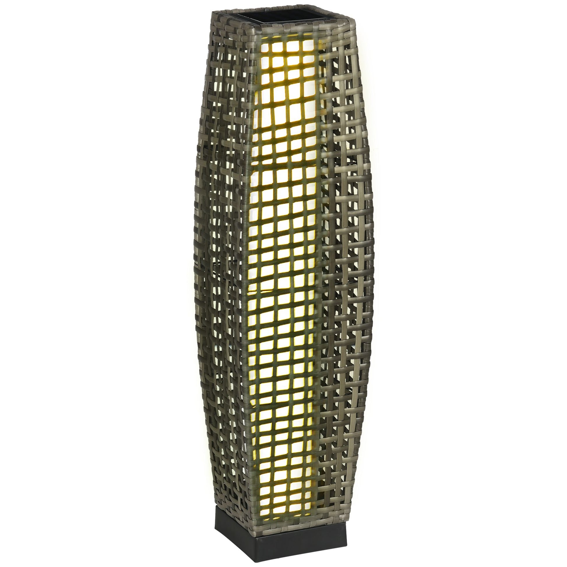 Grey rattan outdoor floor lamp with a square base and warm glowing light within