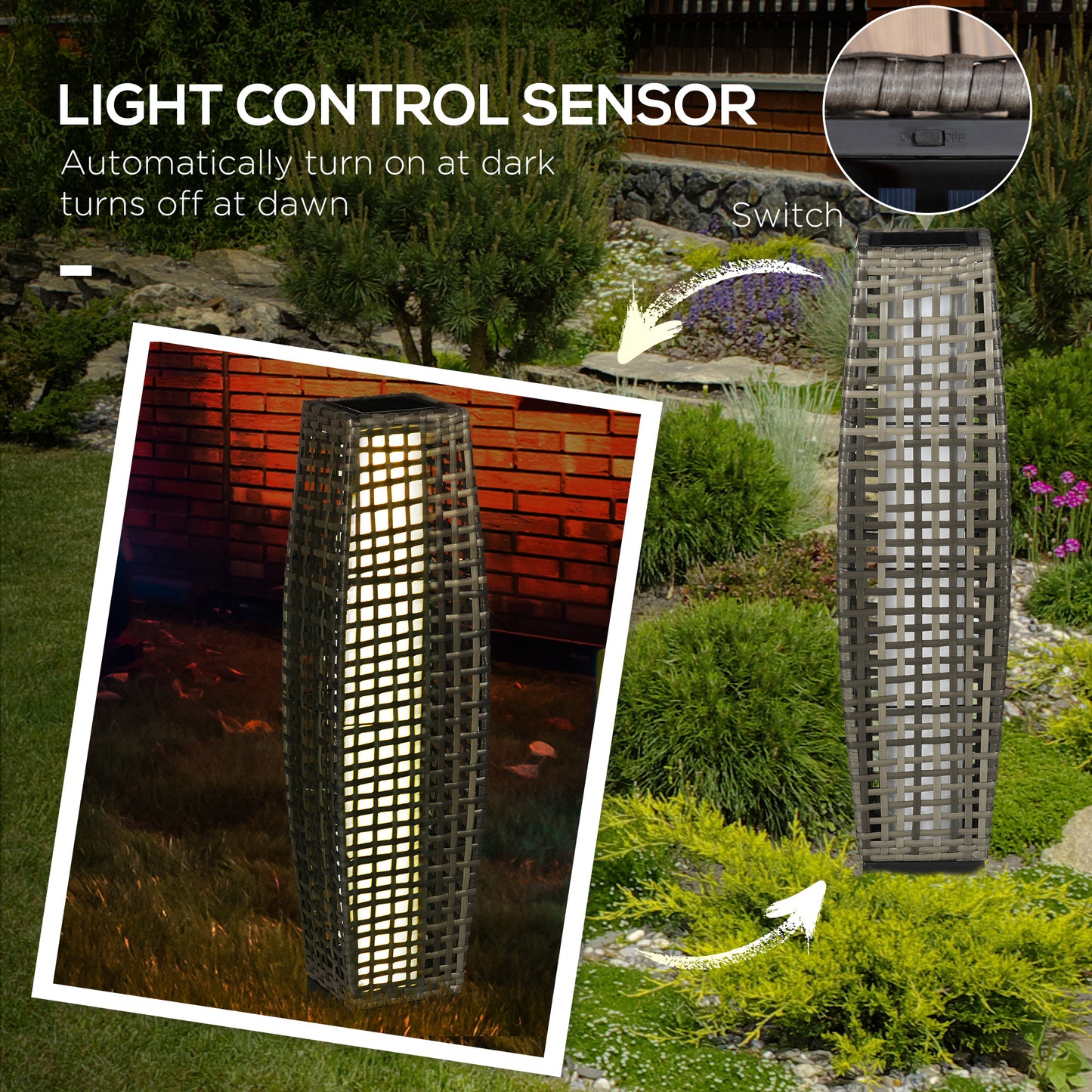 Woven wicker outdoor lantern with automatic light control sensor glows warmly at dusk