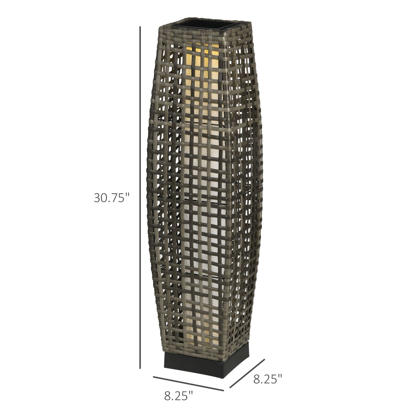 Tall gray woven rattan solar pathway light with a faux candle flicker