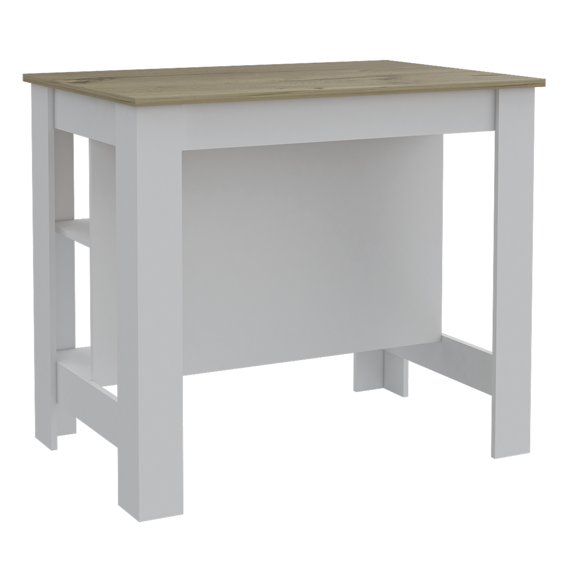 Modern white bar table with natural wood top and open shelving