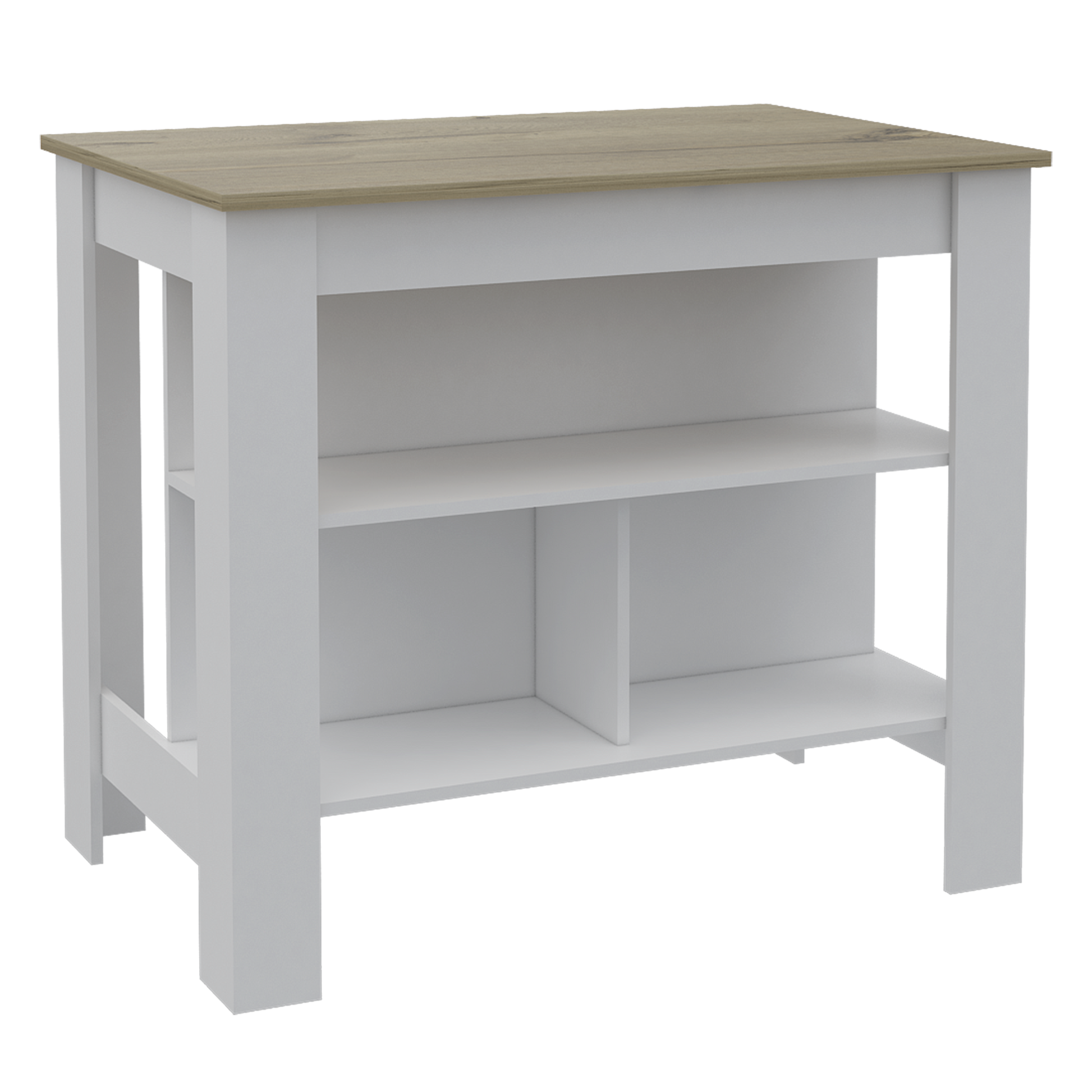 White kitchen island with light wood top and two open shelves