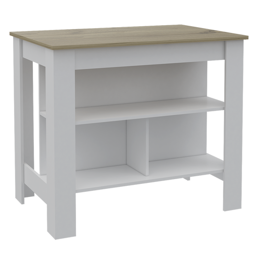 White kitchen island with light wood top and two open shelves
