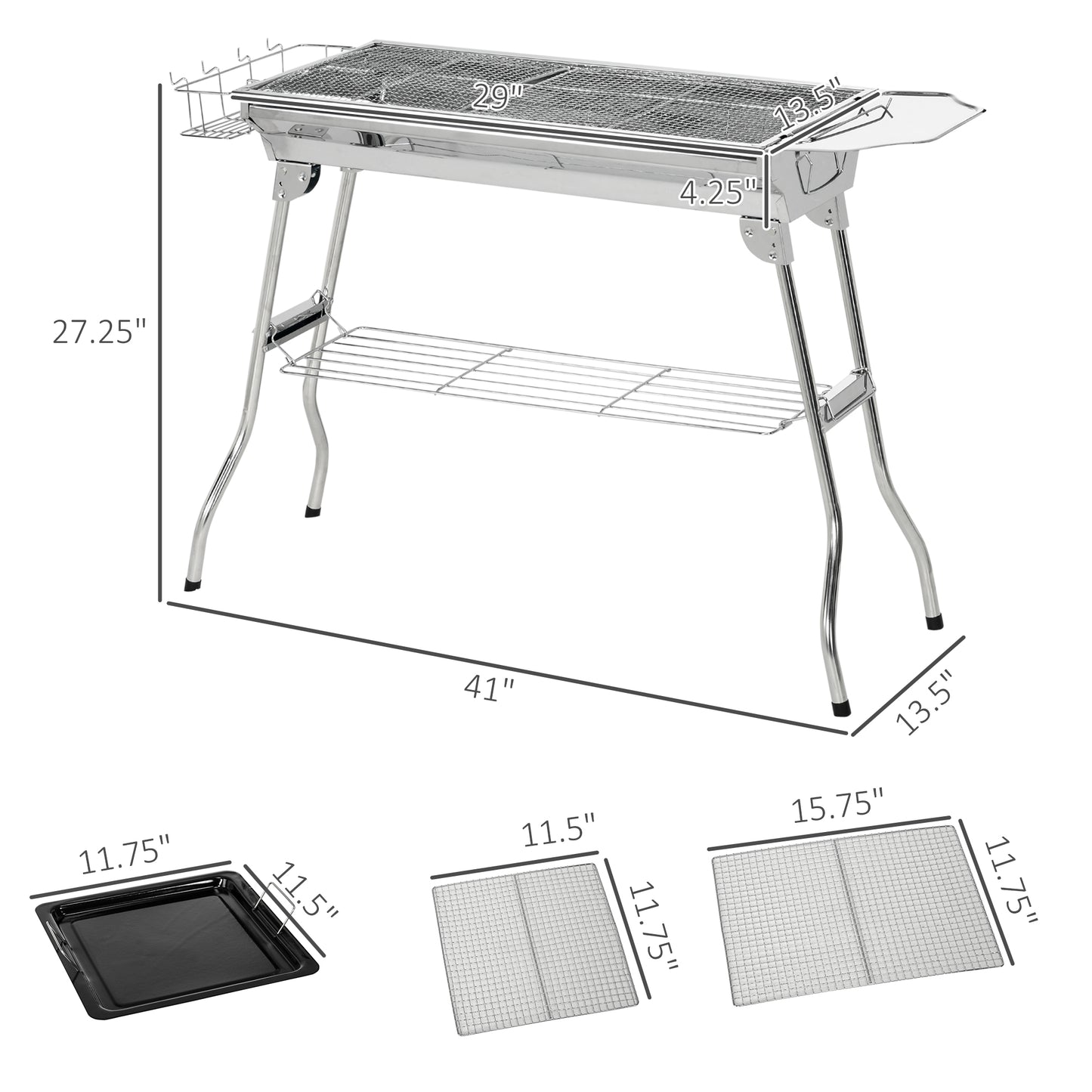 Stainless steel portable charcoal grill with wire grate and removable ash catcher