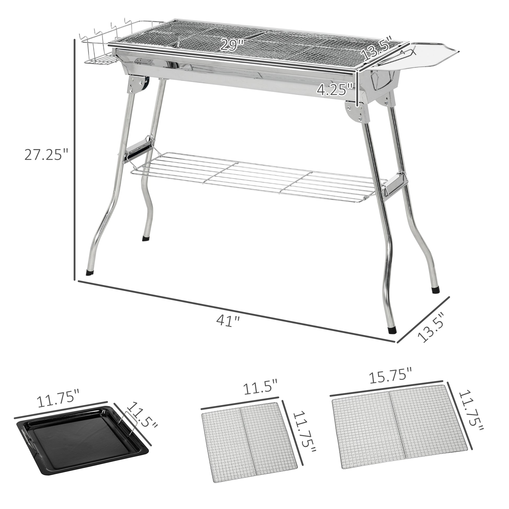 Stainless steel portable charcoal grill with wire grate and removable ash catcher