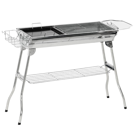 Chrome portable grill with folding legs and wire mesh cooking surface