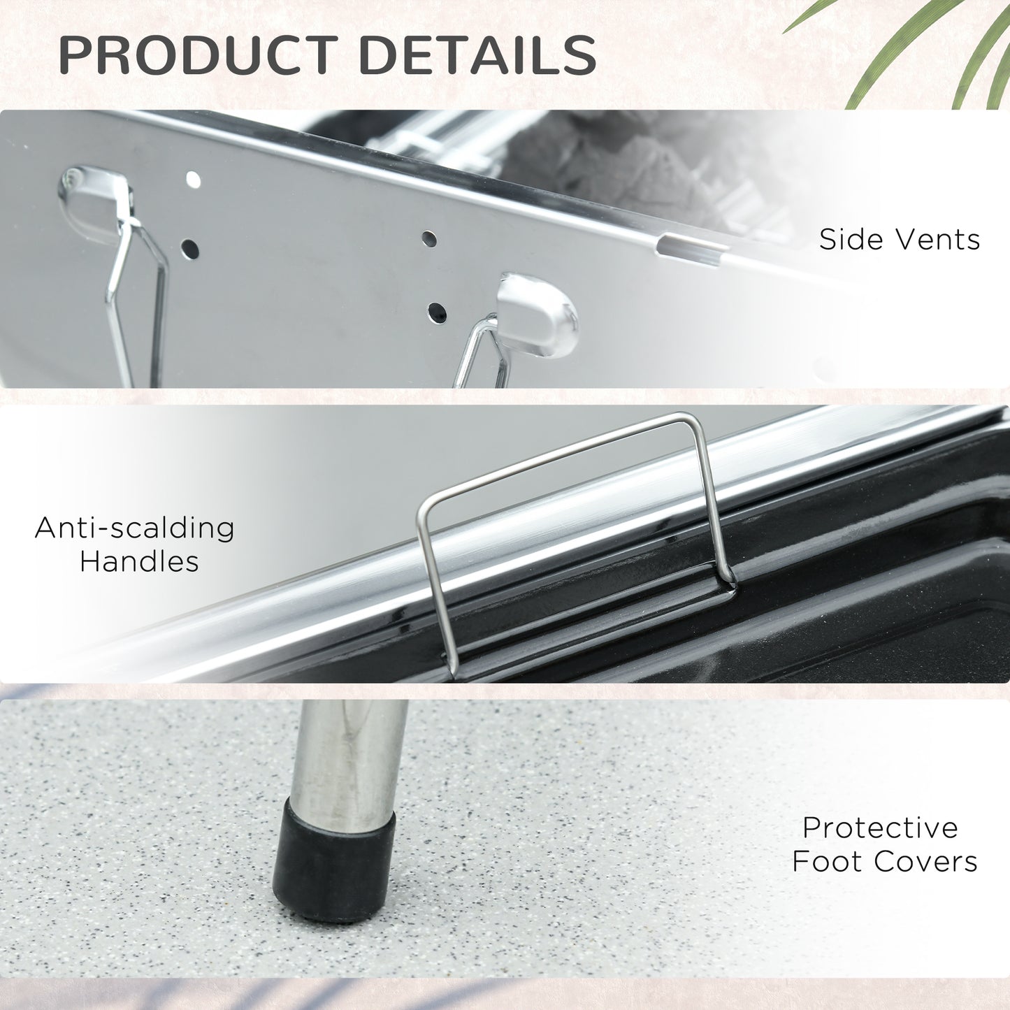 Stainless steel portable grill with strategic side vents for optimal airflow