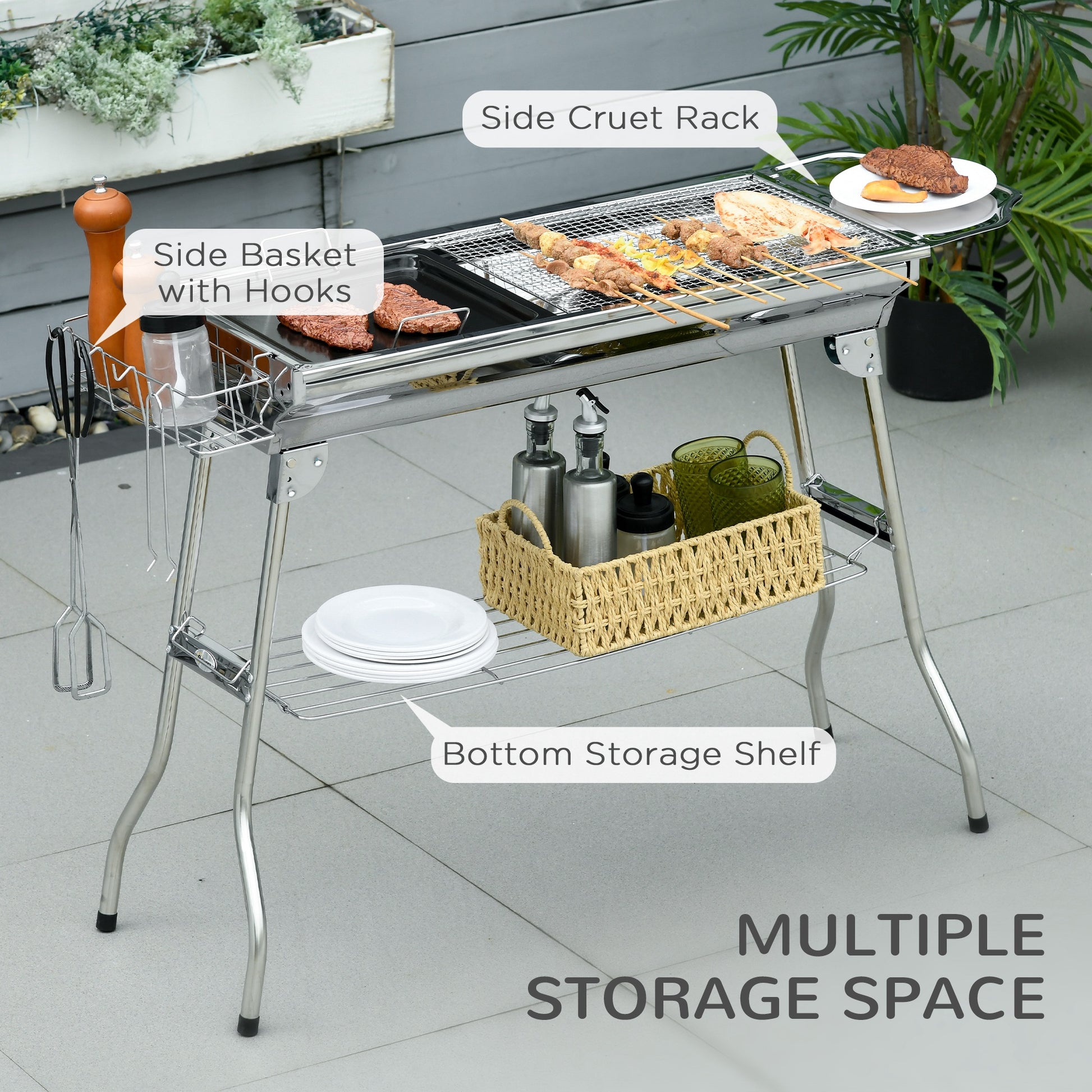 Stainless steel portable grill with skewers steaks and side storage basket for grilling essentials