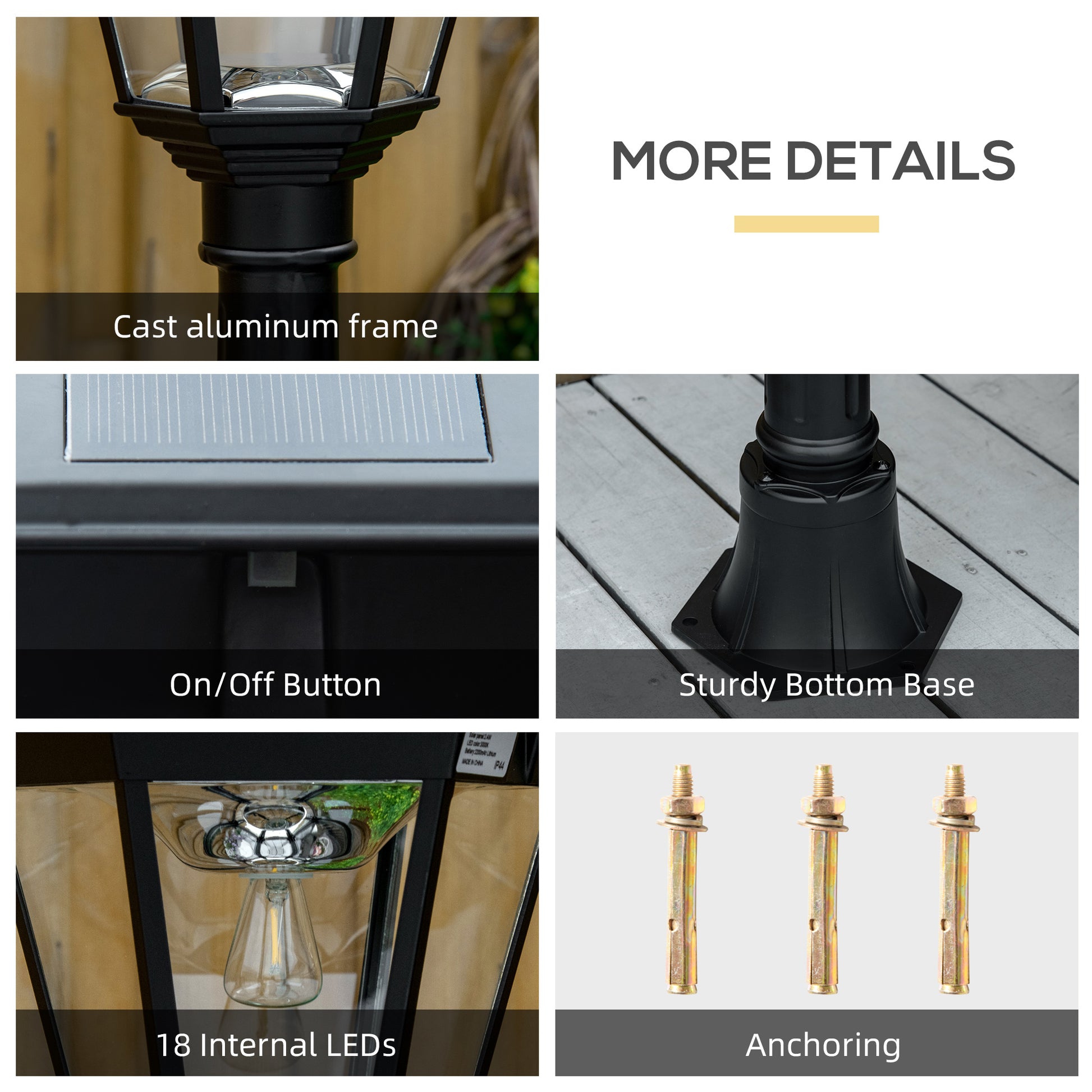 Black cast aluminum frame detail of a modern outdoor post lamp
