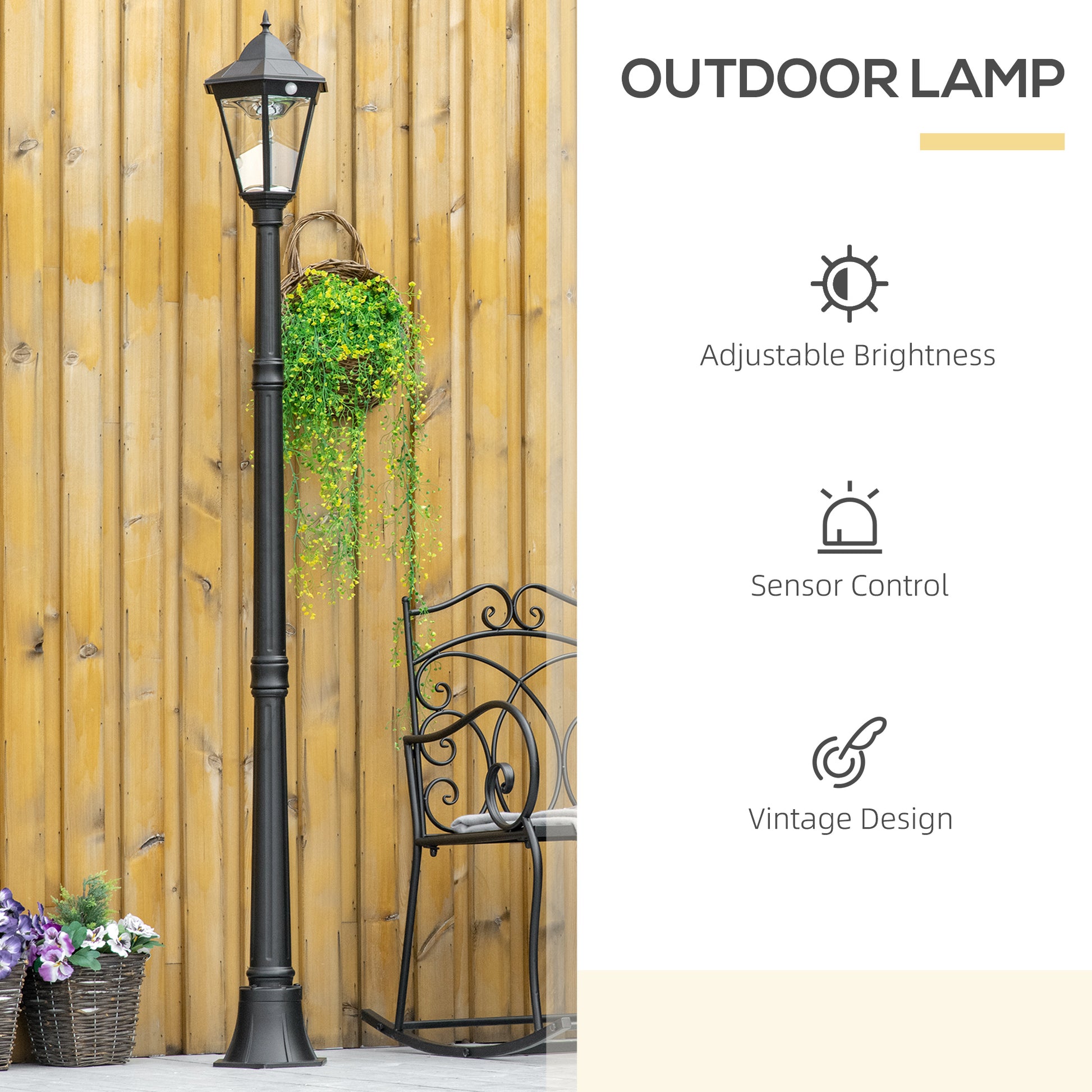 Black vintage outdoor lamp with sensor control and adjustable brightness