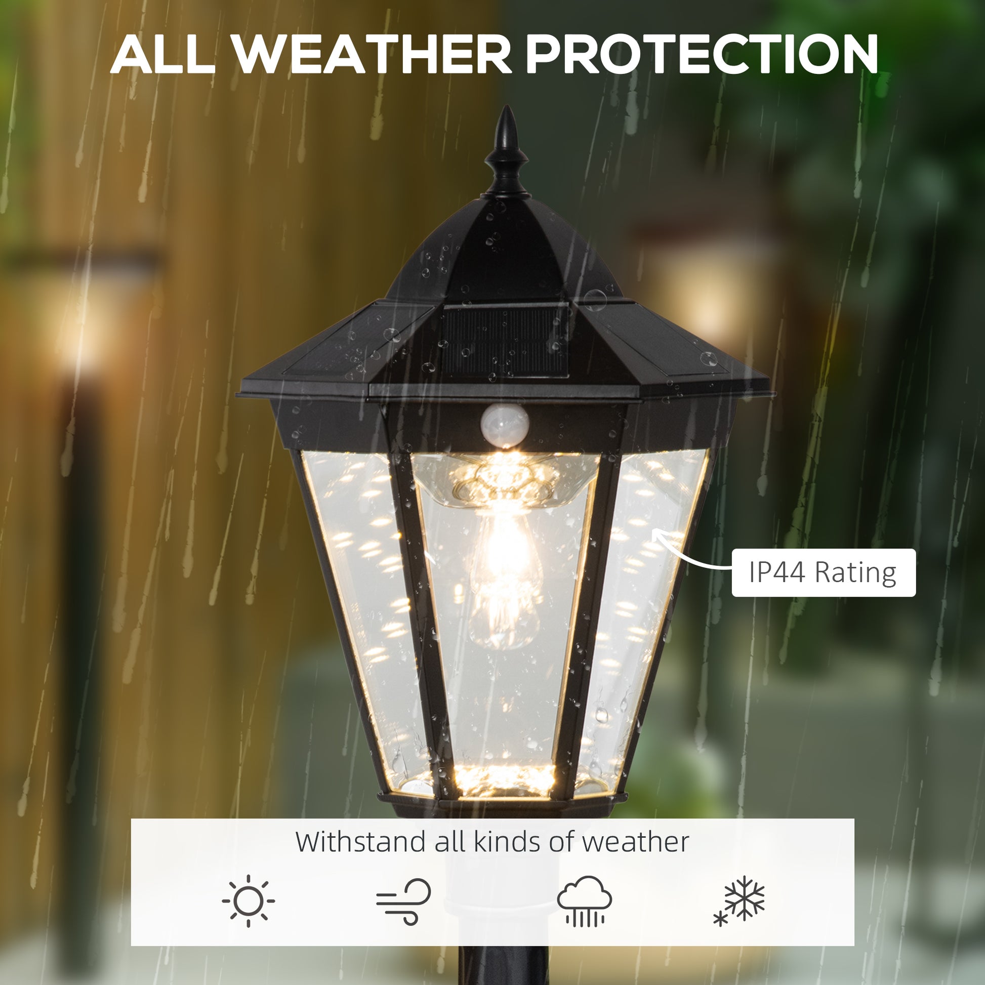 Black solarpowered lamppost with a traditional design IP rated