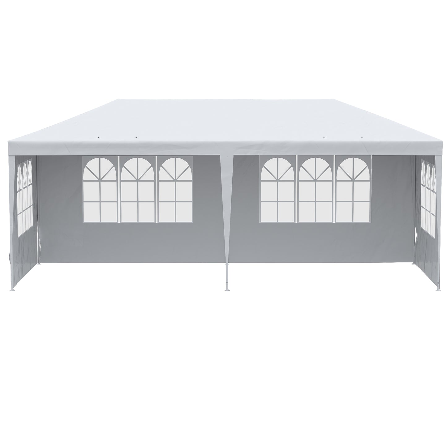 White rectangular party tent with arched windows ideal for outdoor events
