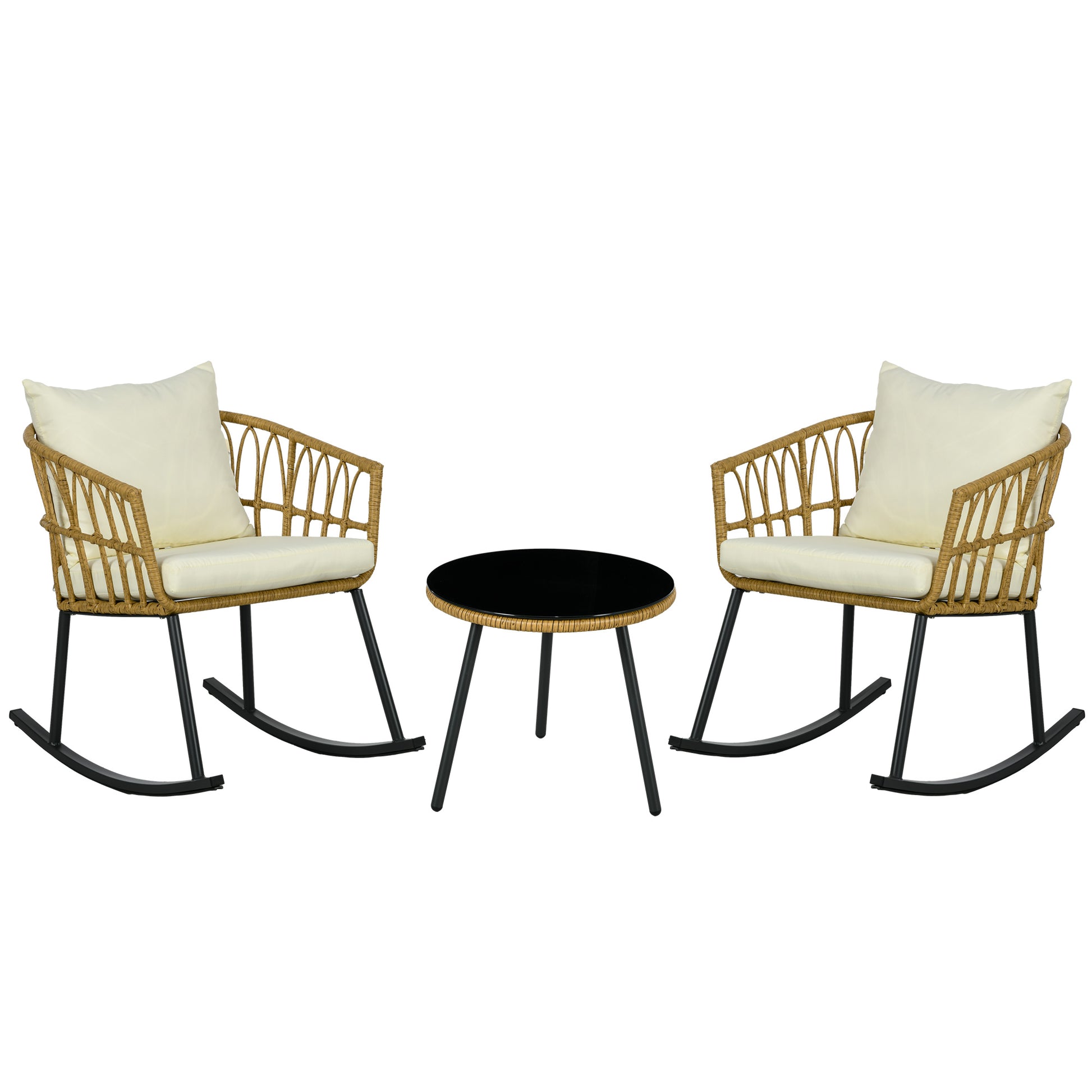 Wicker rocking chairs with cream cushions and black metal bases paired with a round black glass coffee table
