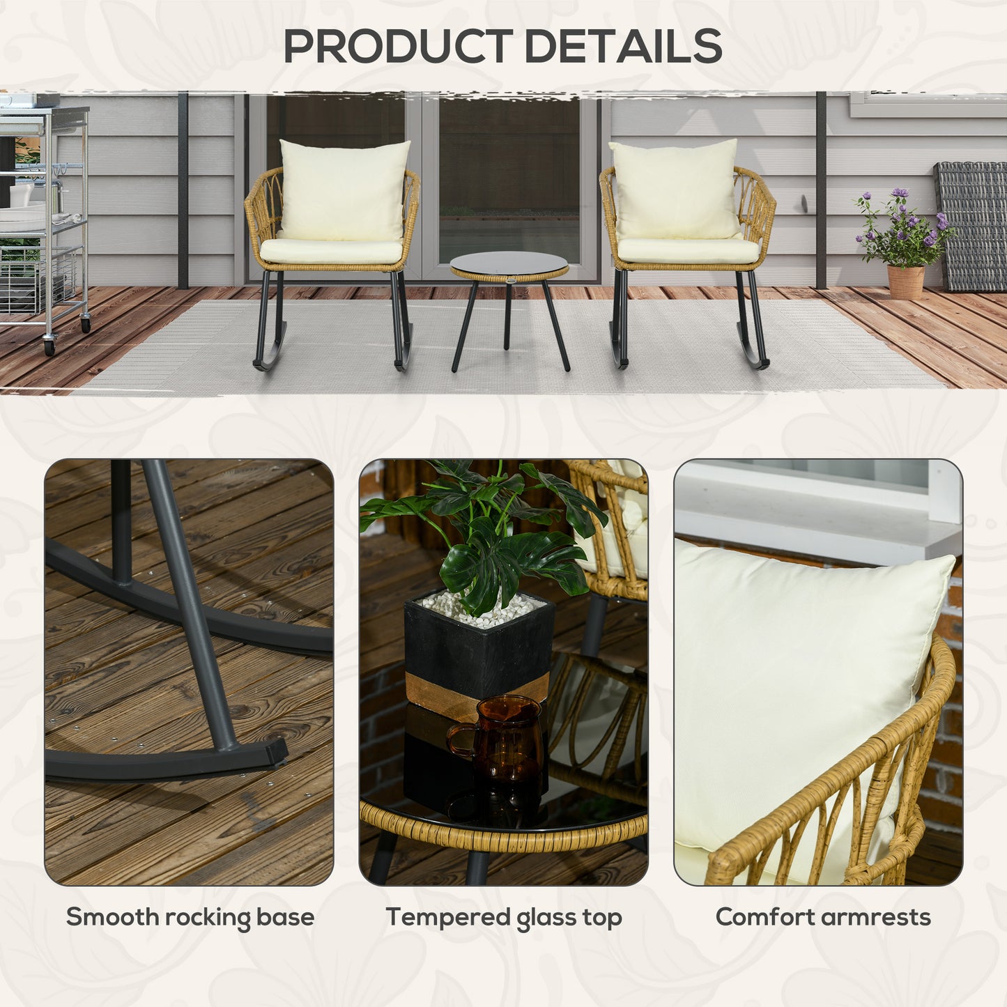 Wicker rocking chair with beige cushion on a wooden deck with a small side table