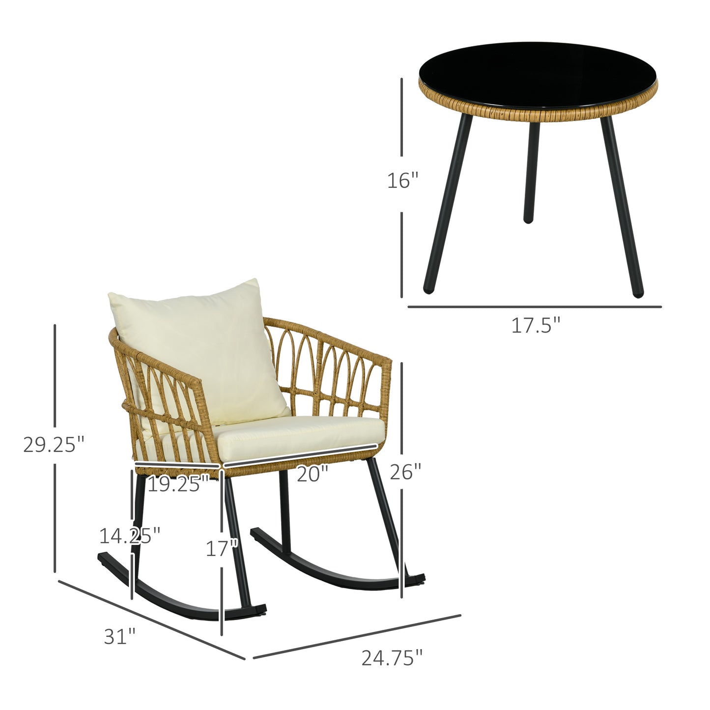 Tan rattan rocking chair with cream cushion and black metal base